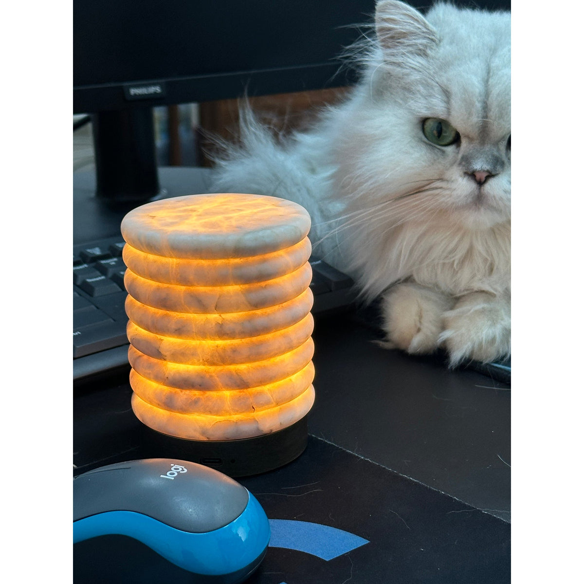 Alabaster Striped Table Lamp – Cordless Rechargeable Natural Stone Accent Light