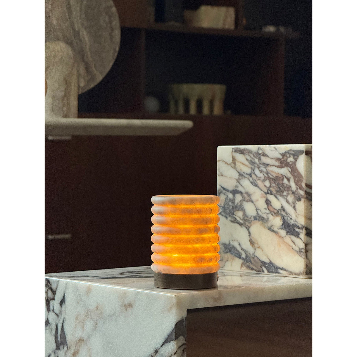 Alabaster Striped Table Lamp – Cordless Rechargeable Natural Stone Accent Light