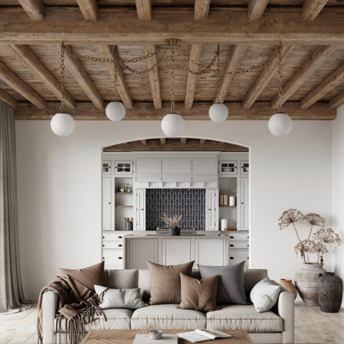 Alabaster Swag Pendant Lamp – Natural Stone Globe & Brass Swag Hanging Light