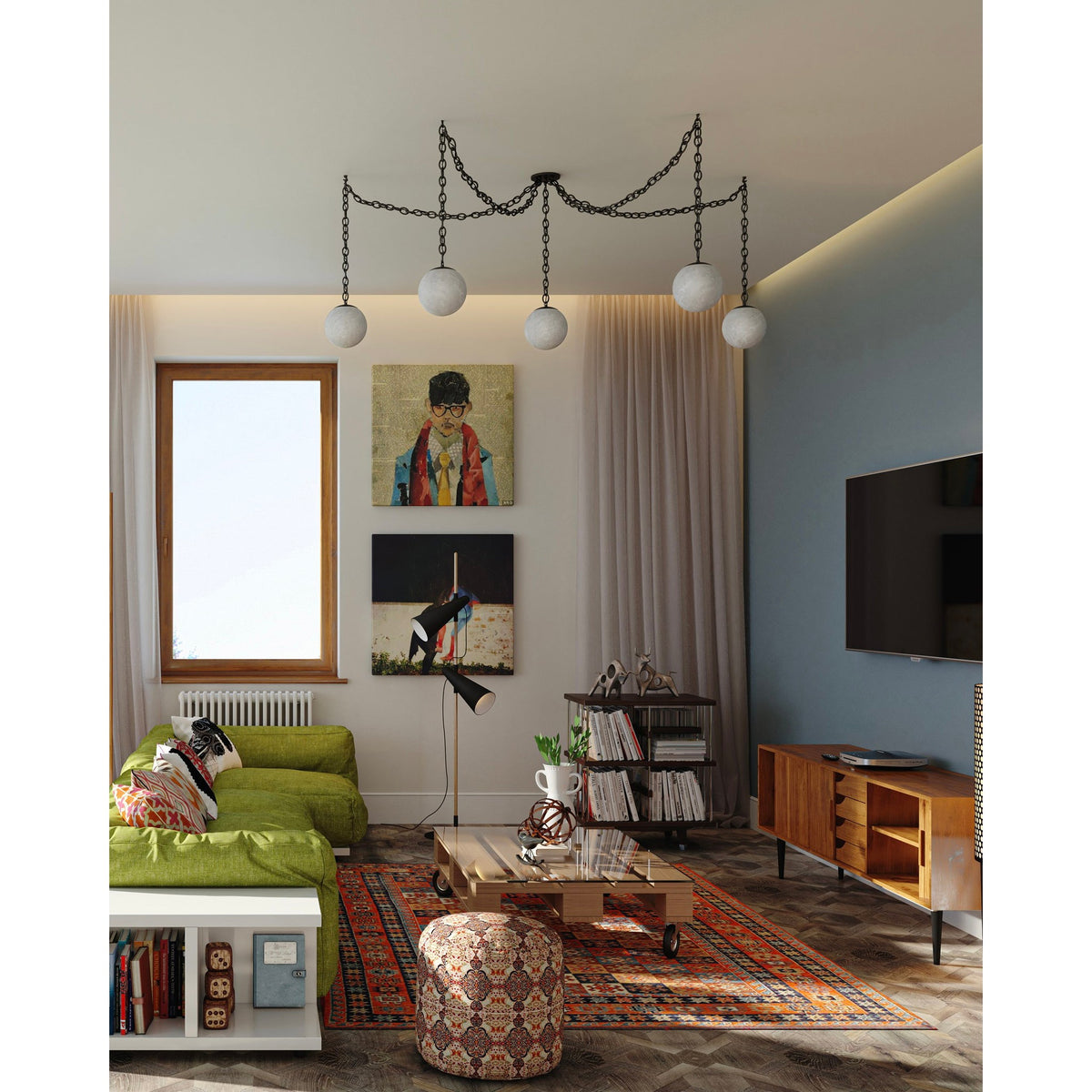 Alabaster Swag Pendant Lamp – Natural Stone Globe & Brass Swag Hanging Light