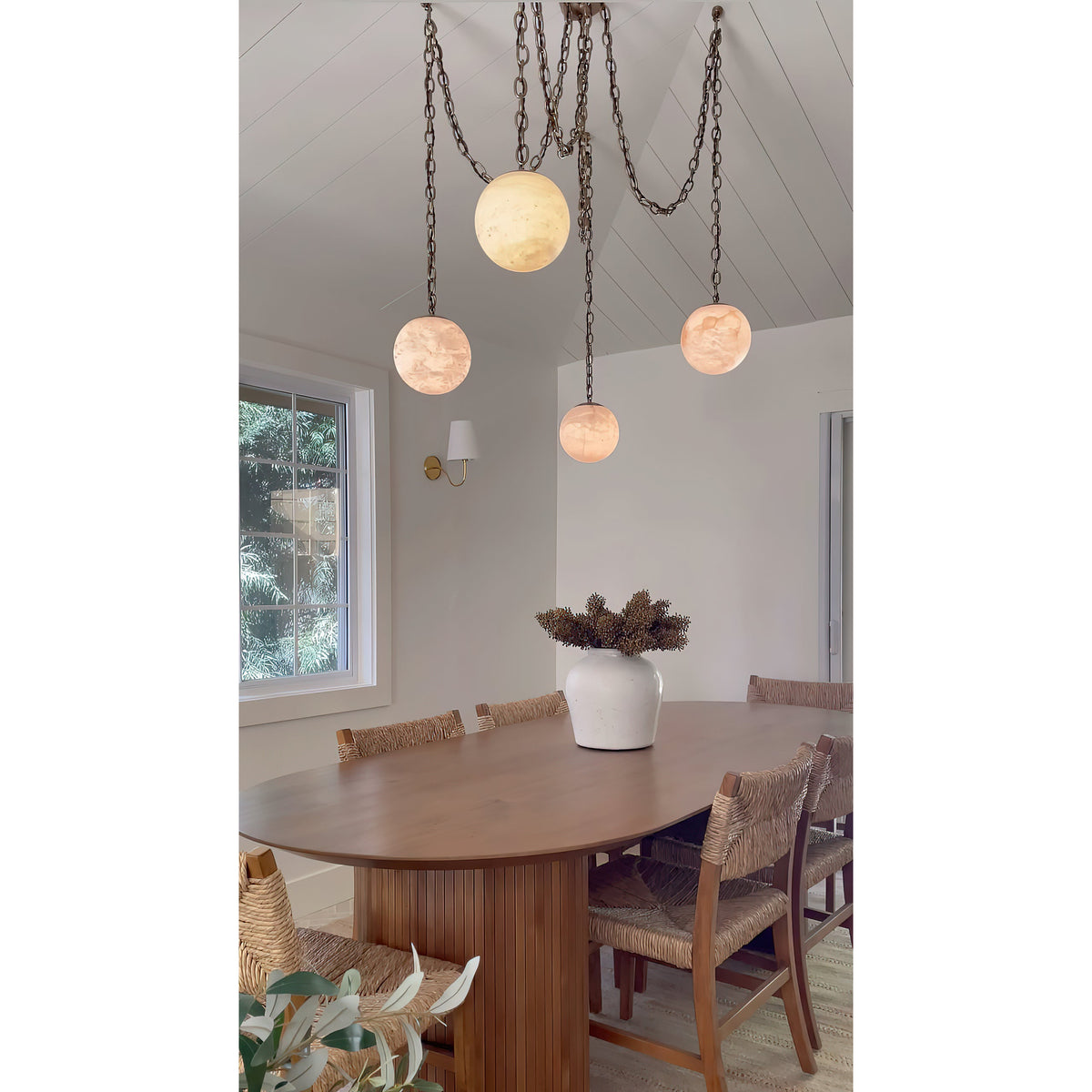 Alabaster Swag Pendant Lamp – Natural Stone Globe & Brass Swag Hanging Light