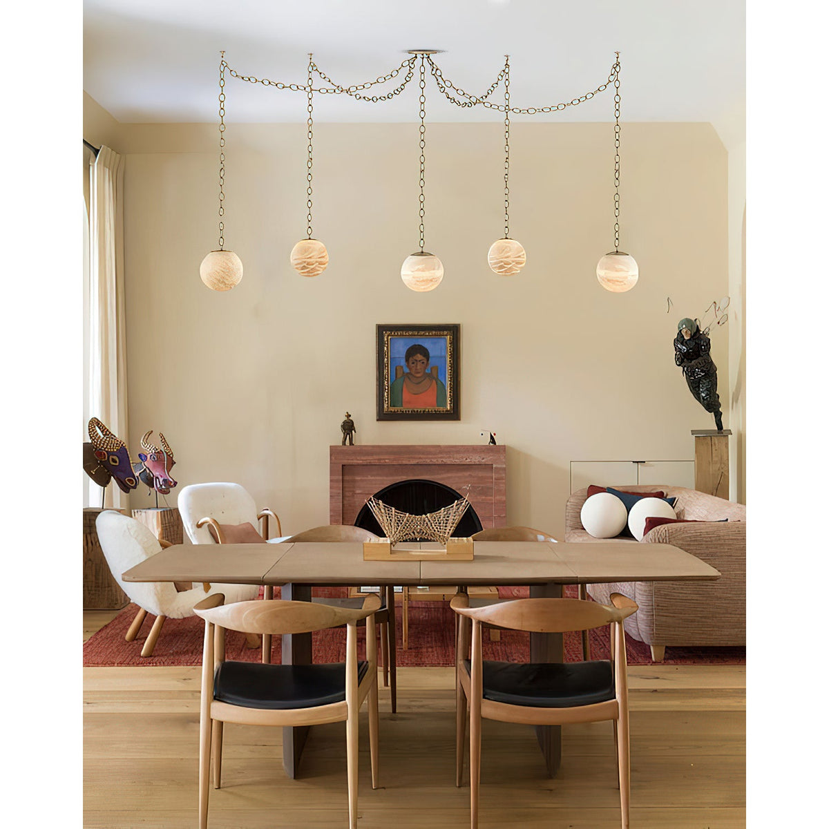 Alabaster Swag Pendant Lamp – Natural Stone Globe & Brass Swag Hanging Light