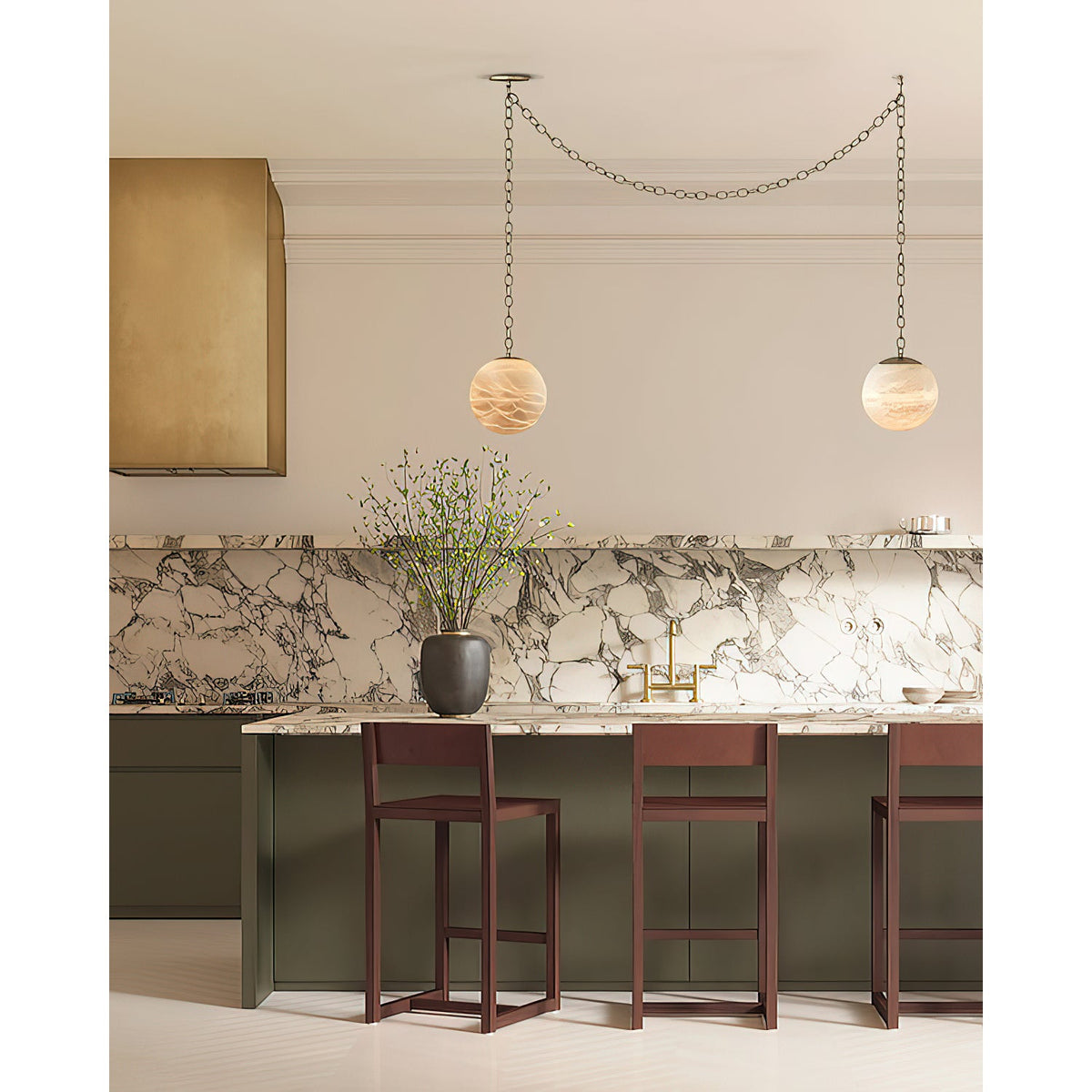 Alabaster Swag Pendant Lamp – Natural Stone Globe & Brass Swag Hanging Light