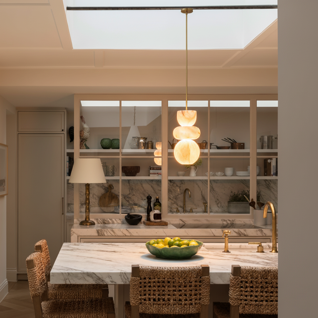 Alabaster Totem Pendant Lamp – Natural Stone Cylinder & Brass Modern LED Pendant