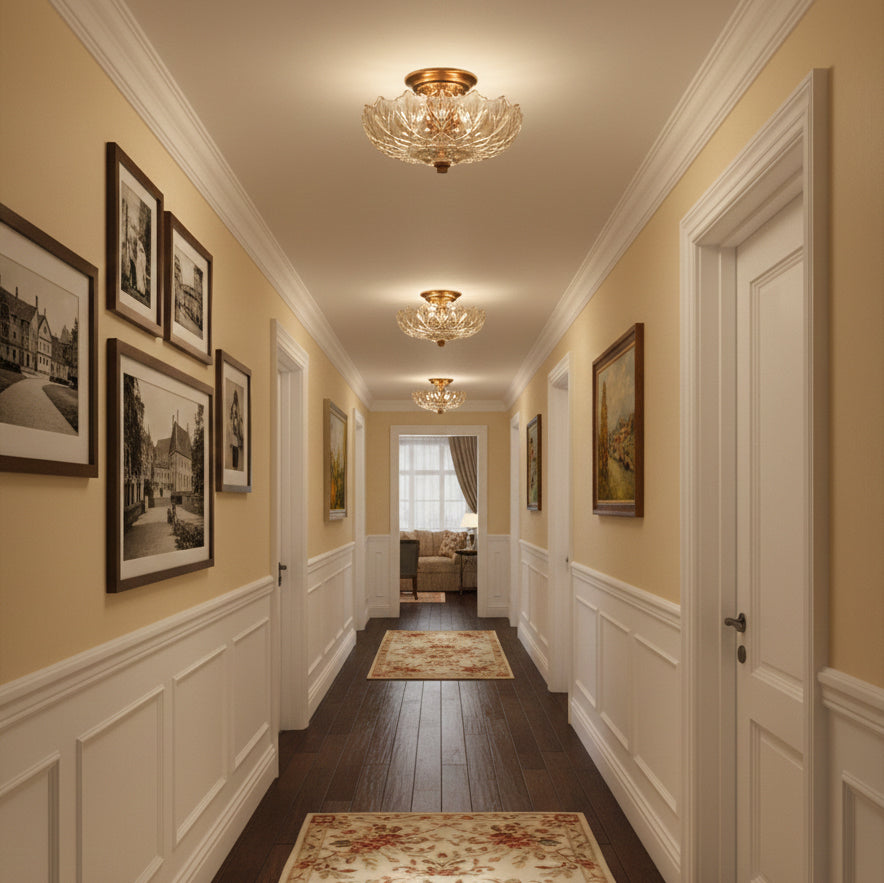 Alaina Glass Ceiling Lamp – Antique Brass & Amber Glass Semi-Flush Ceiling Light