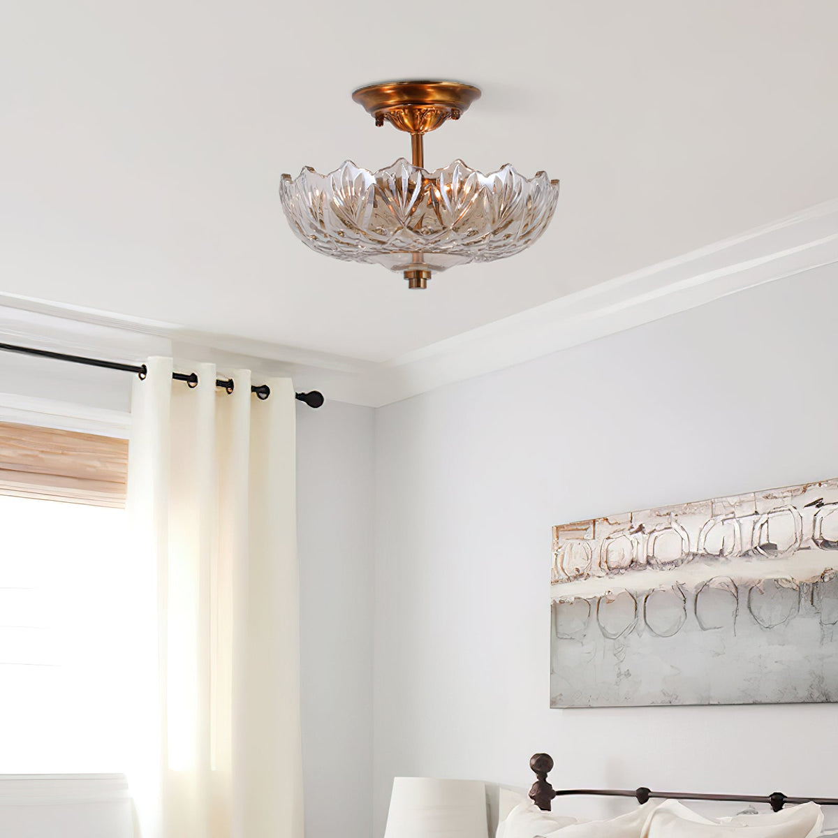 Alaina Glass Ceiling Lamp – Antique Brass & Amber Glass Semi-Flush Ceiling Light