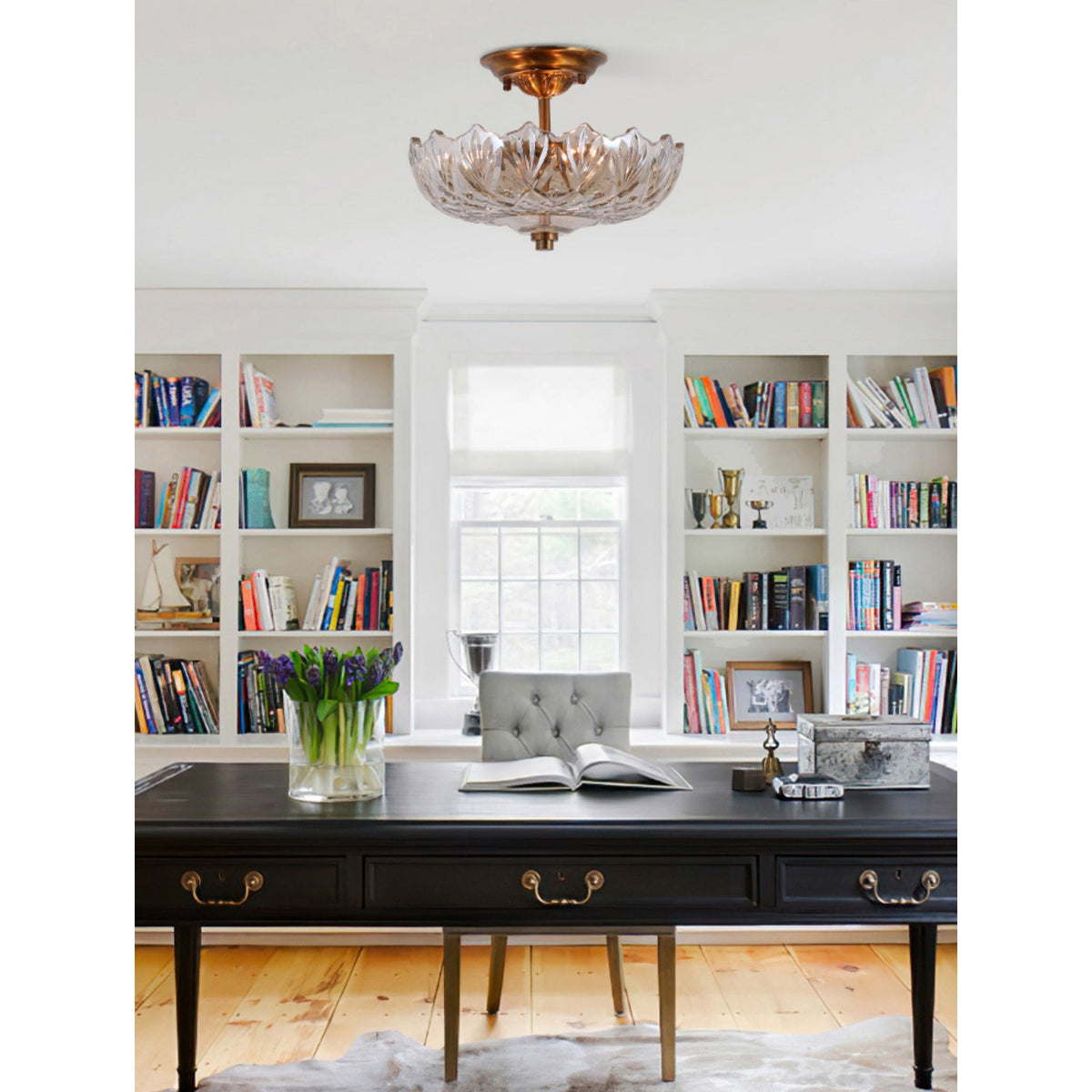 Alaina Glass Ceiling Lamp – Antique Brass & Amber Glass Semi-Flush Ceiling Light