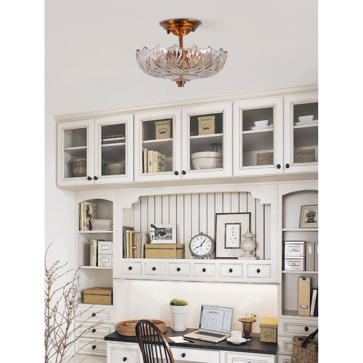 Alaina Glass Ceiling Lamp – Antique Brass & Amber Glass Semi-Flush Ceiling Light