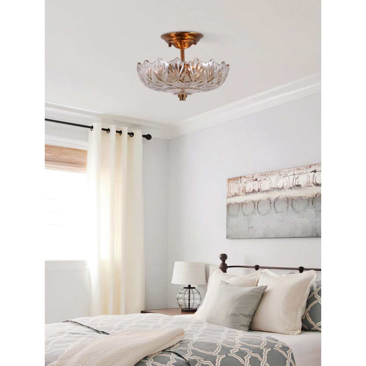 Alaina Glass Ceiling Lamp – Antique Brass & Amber Glass Semi-Flush Ceiling Light