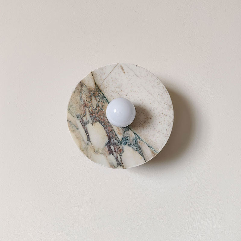 Alba Marble Wall Lamp – Artisan Natural Marble Disc & Glass Halo Wall Sconce