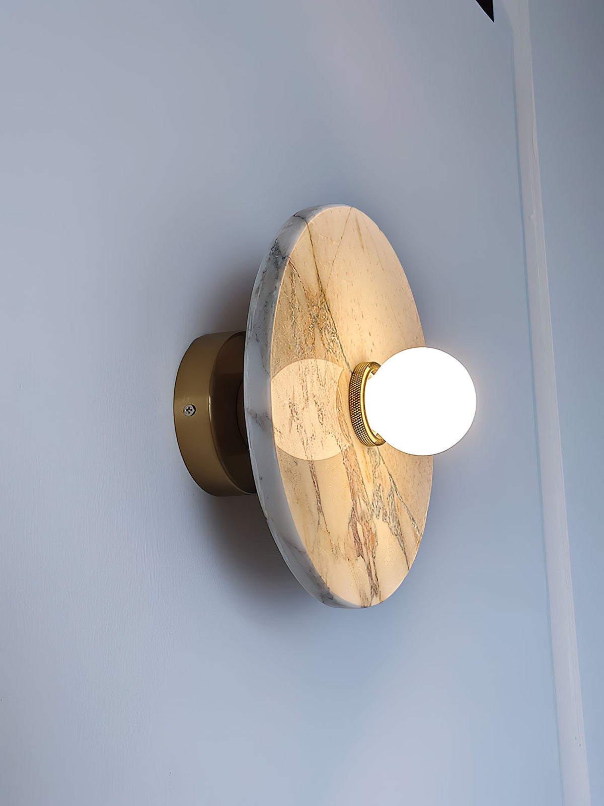 Alba Marble Wall Lamp – Artisan Natural Marble Disc & Glass Halo Wall Sconce