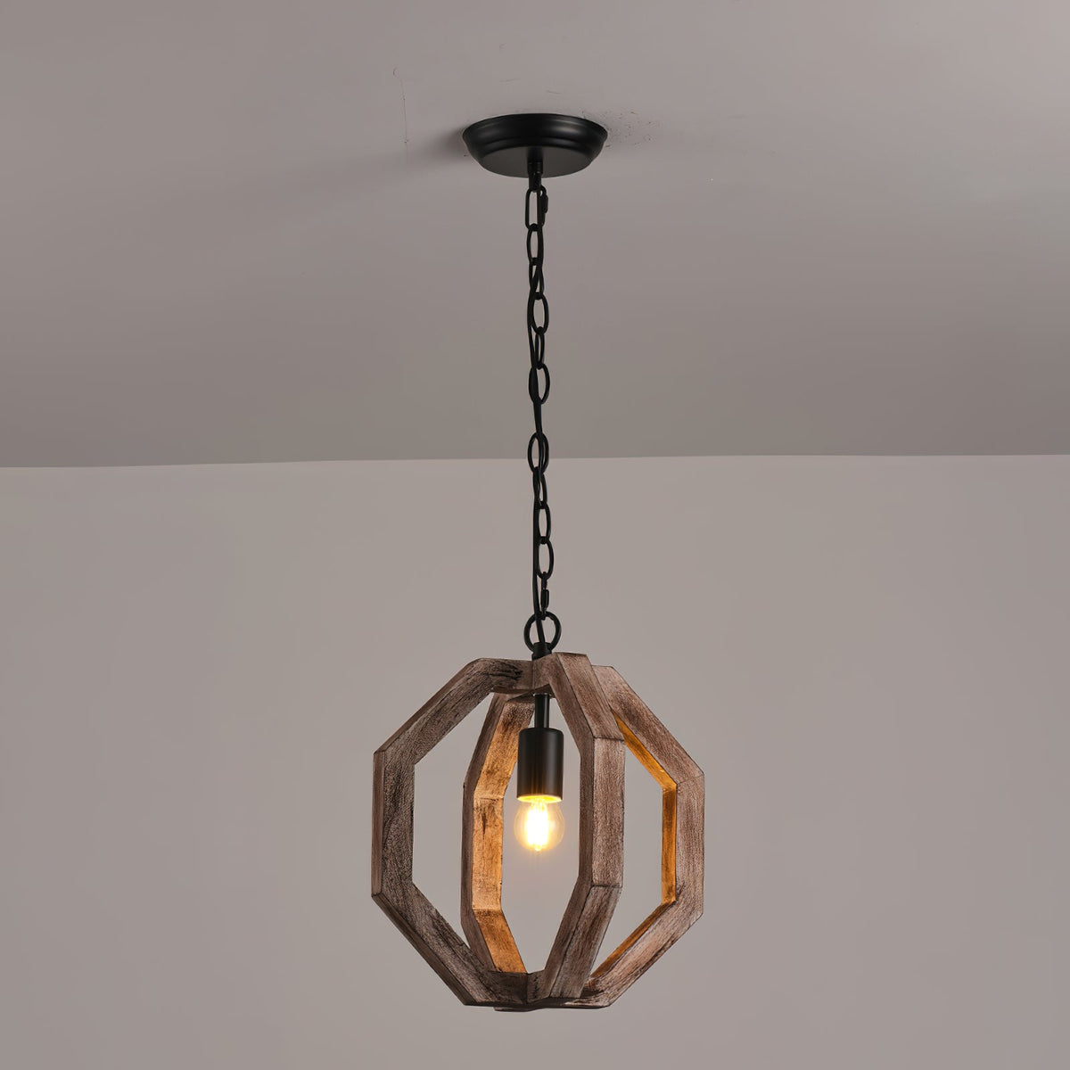 Albiorix Pendant Lamp – Driftwood Finish Geometric Wood & Iron Coastal Pendant Light