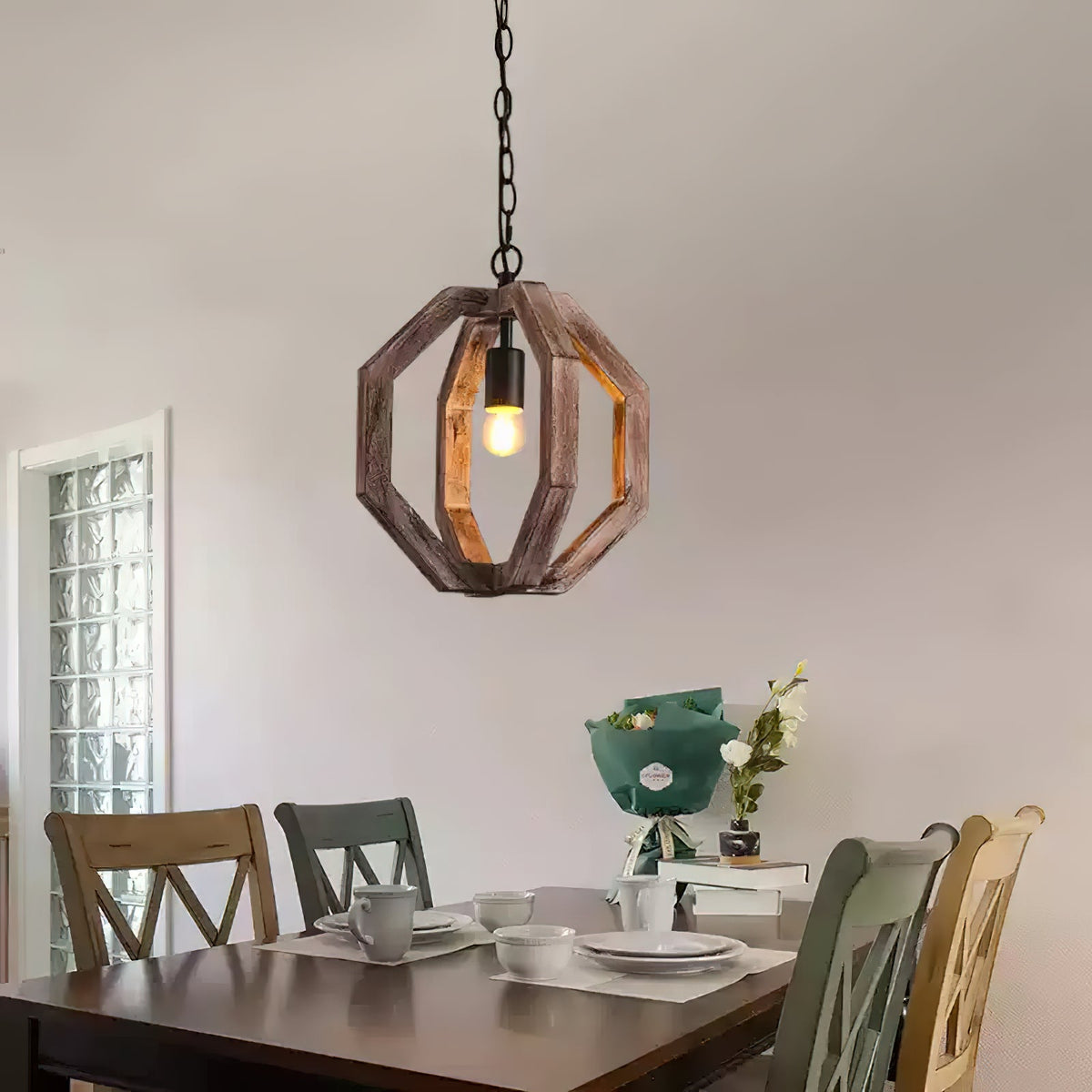 Albiorix Pendant Lamp – Driftwood Finish Geometric Wood & Iron Coastal Pendant Light