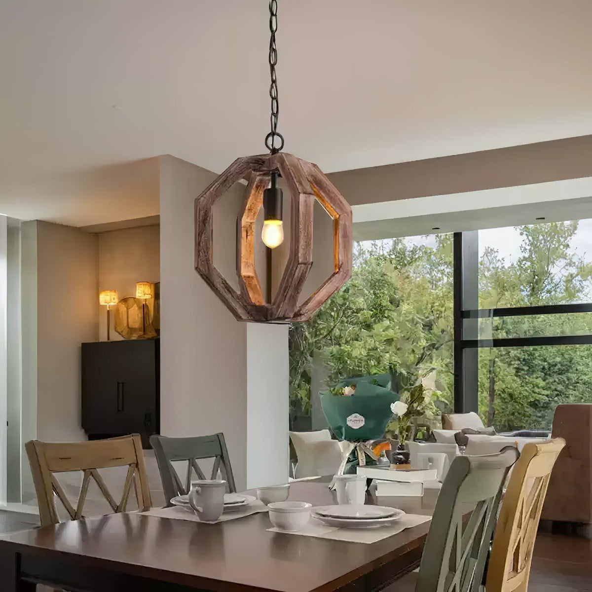 Albiorix Pendant Lamp – Driftwood Finish Geometric Wood & Iron Coastal Pendant Light