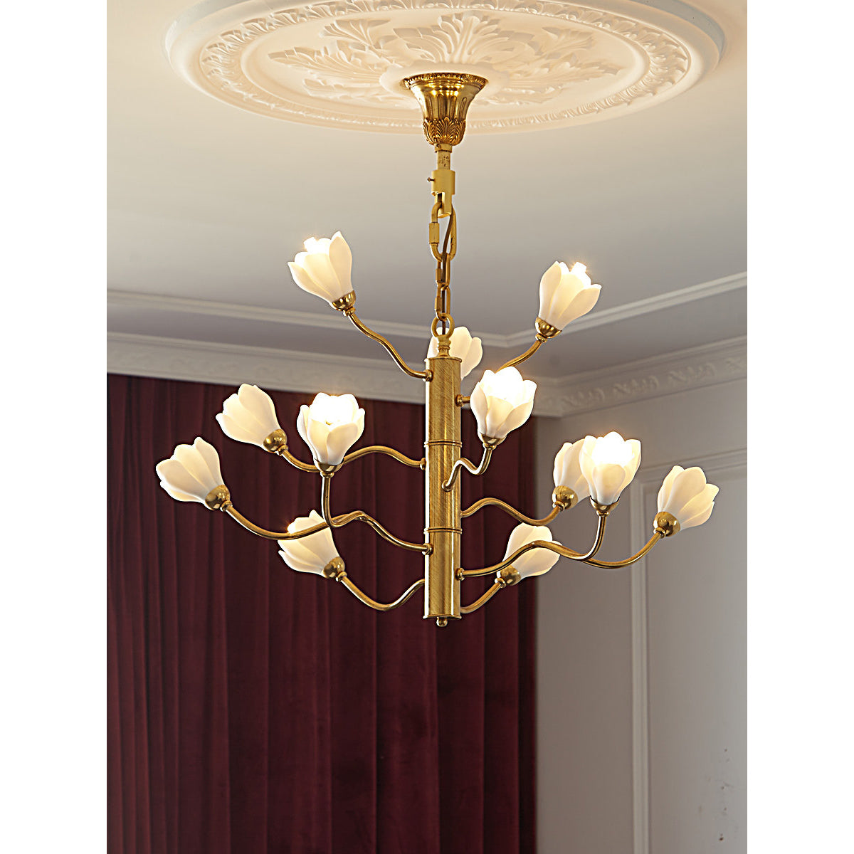 Aldean Chandelier – Brass Branch & Handcrafted Ceramic Floral Modern Chandelier