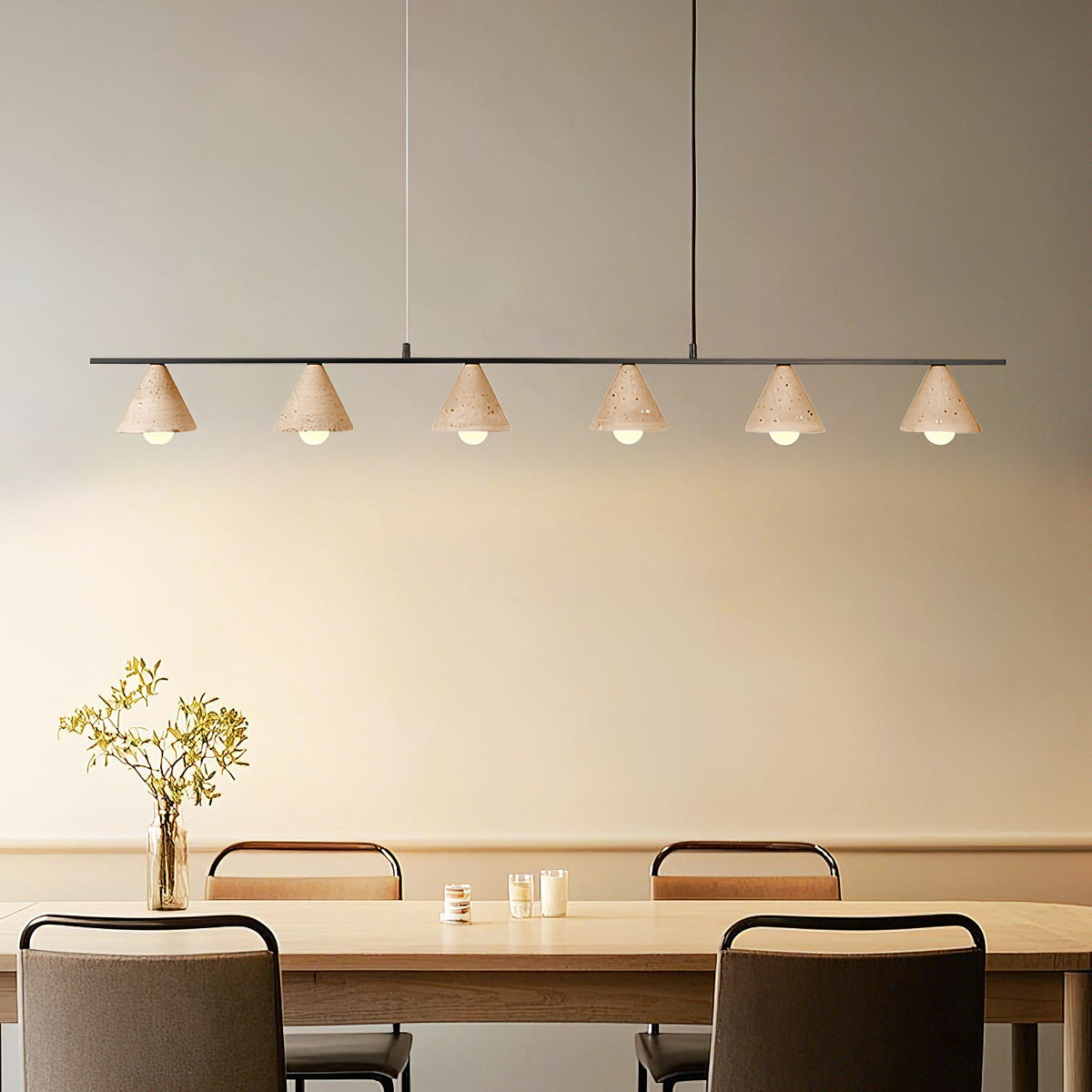 Aldex Pendant Lamp – Natural Travertine Conical Shades & Linear Modern Pendant Light