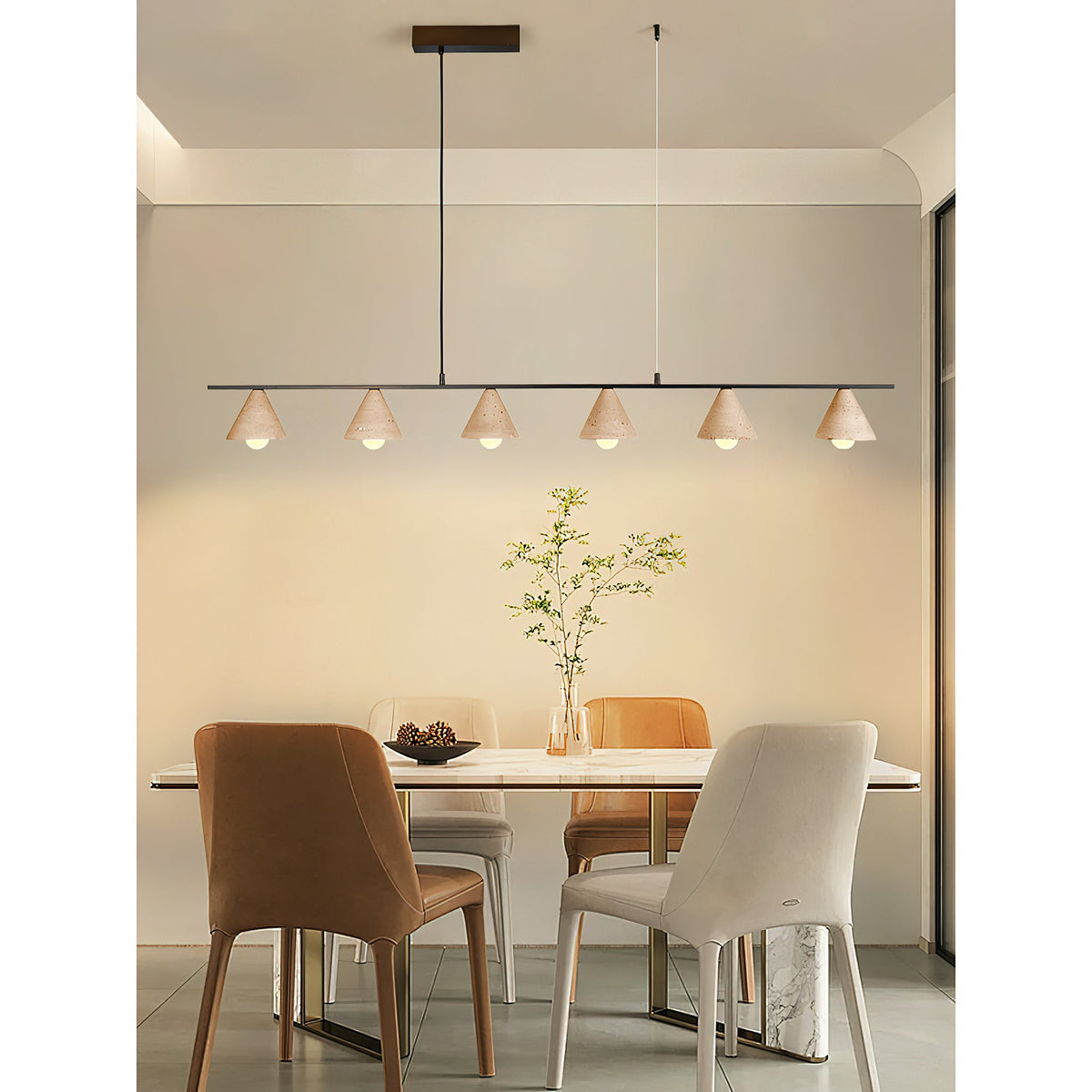 Aldex Pendant Lamp – Natural Travertine Conical Shades & Linear Modern Pendant Light