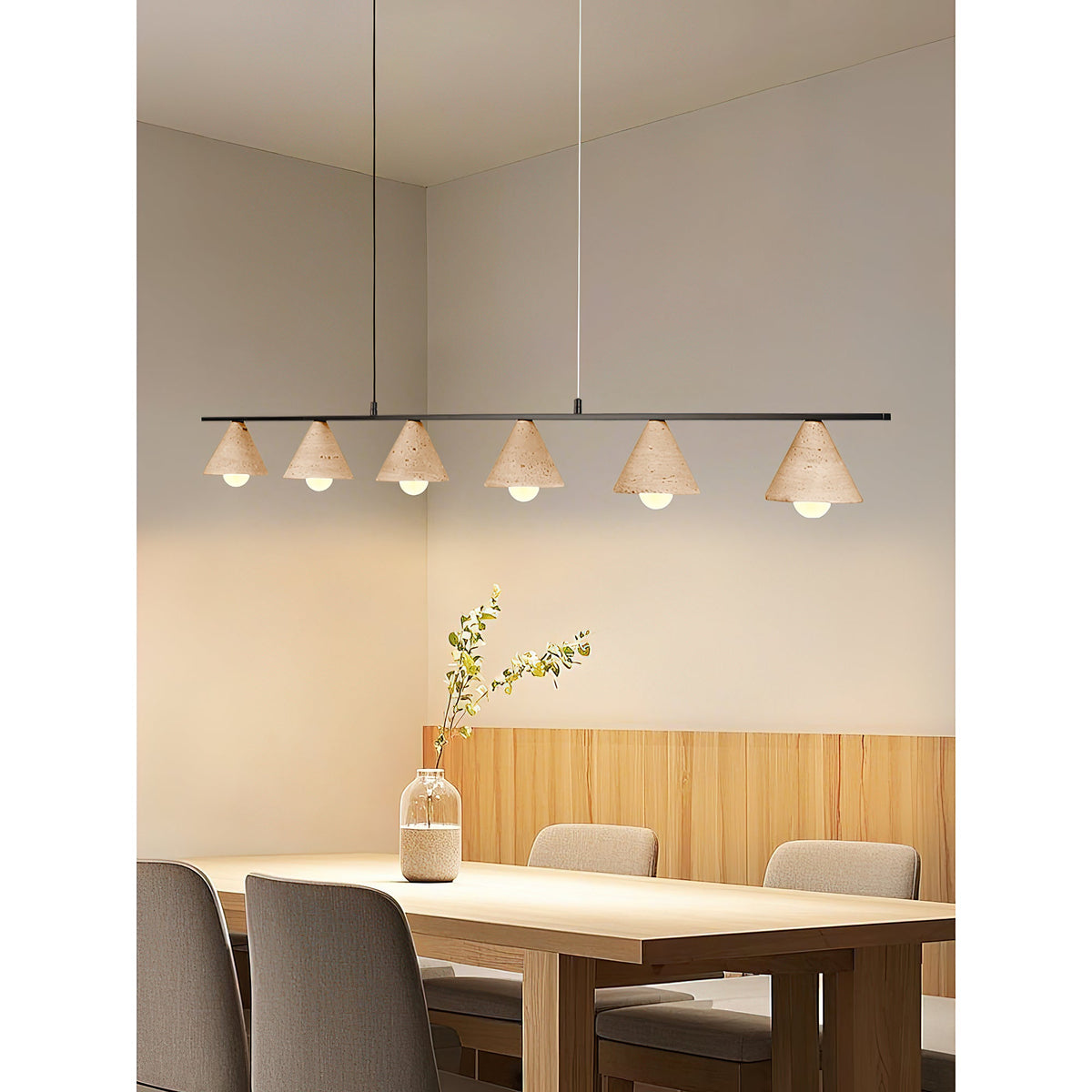 Aldex Pendant Lamp – Natural Travertine Conical Shades & Linear Modern Pendant Light