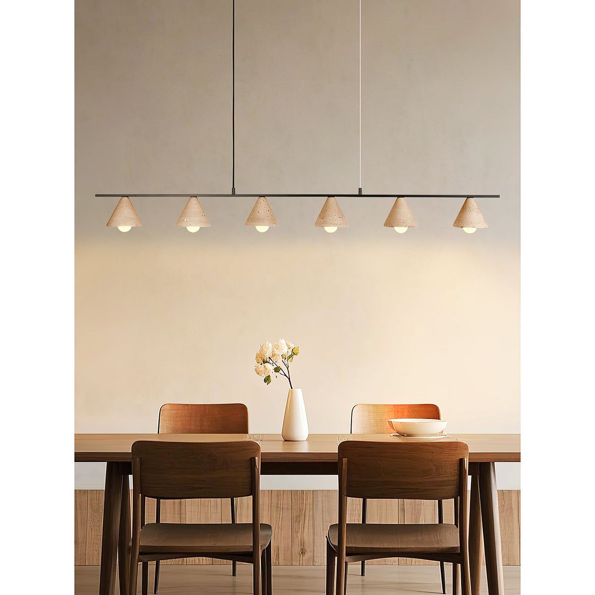 Aldex Pendant Lamp – Natural Travertine Conical Shades & Linear Modern Pendant Light