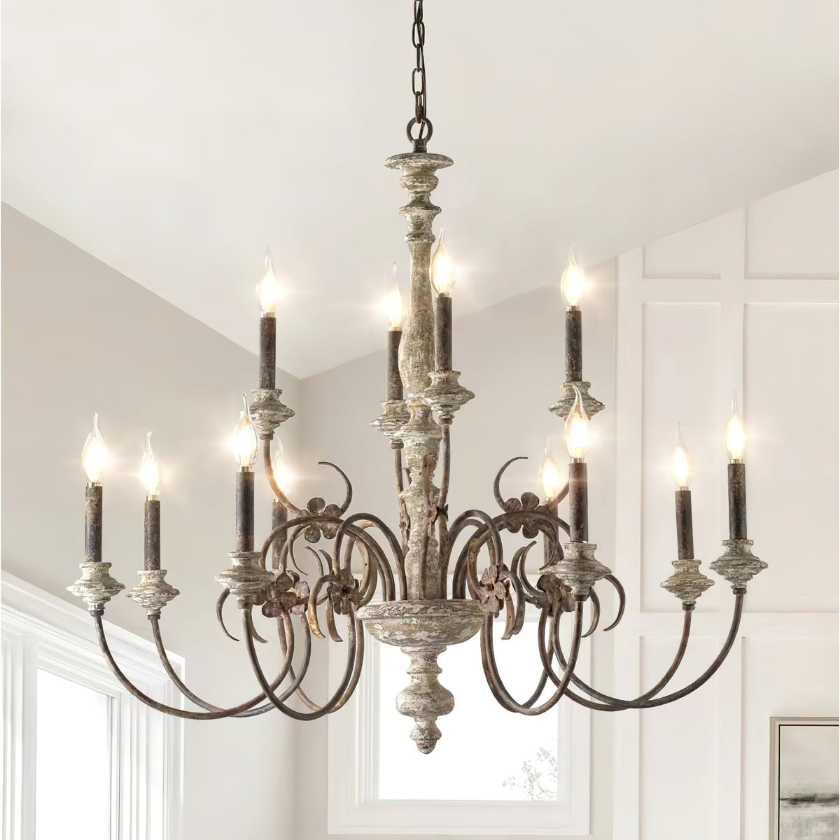 Alessandro Candle Chandelier – French Country Solid Wood & Mottled Metal Chandelier