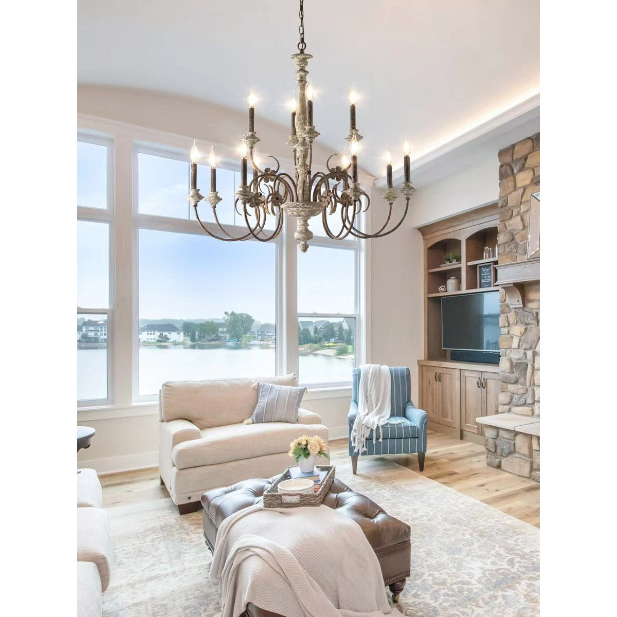 Alessandro Candle Chandelier – French Country Solid Wood & Mottled Metal Chandelier