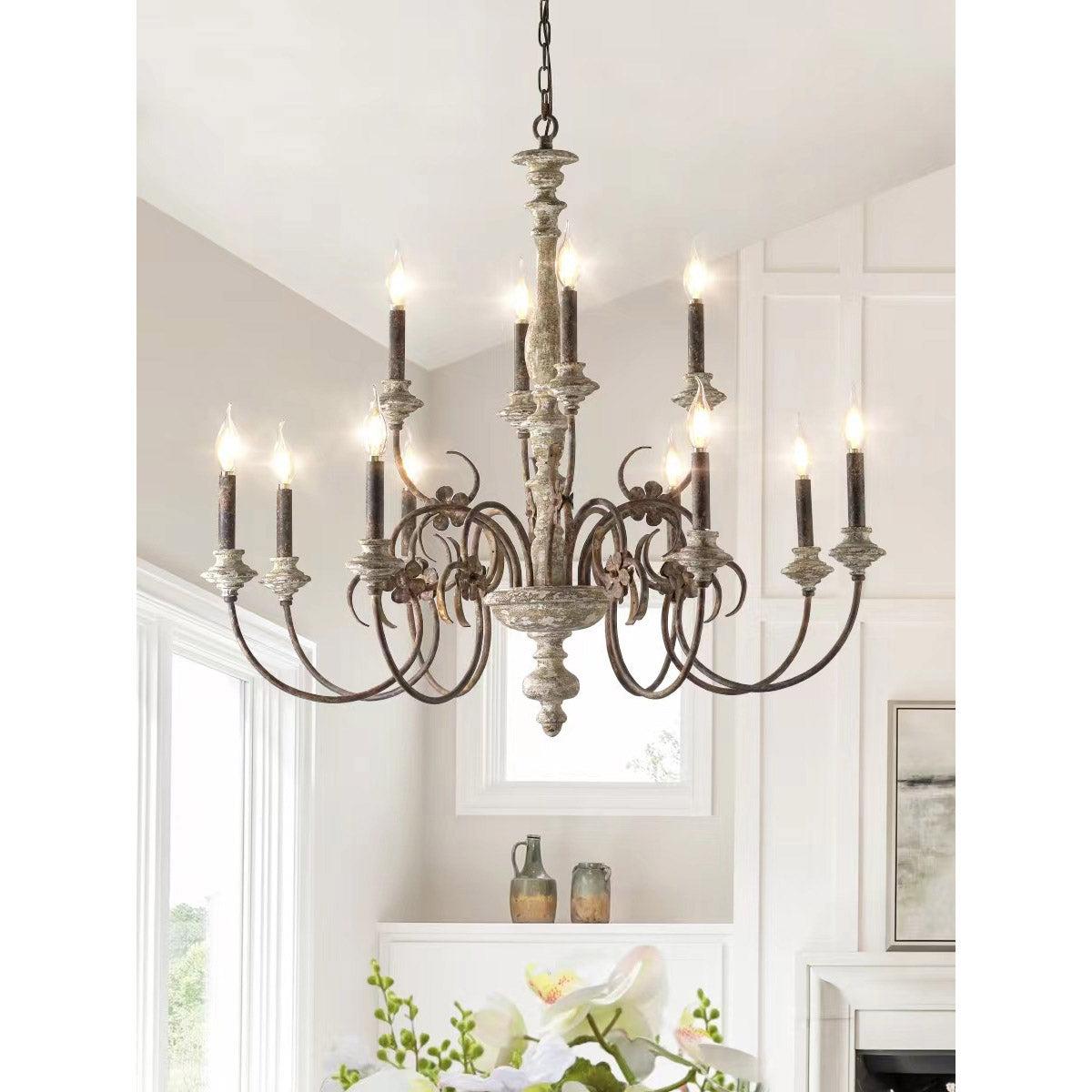 Alessandro Candle Chandelier – French Country Solid Wood & Mottled Metal Chandelier