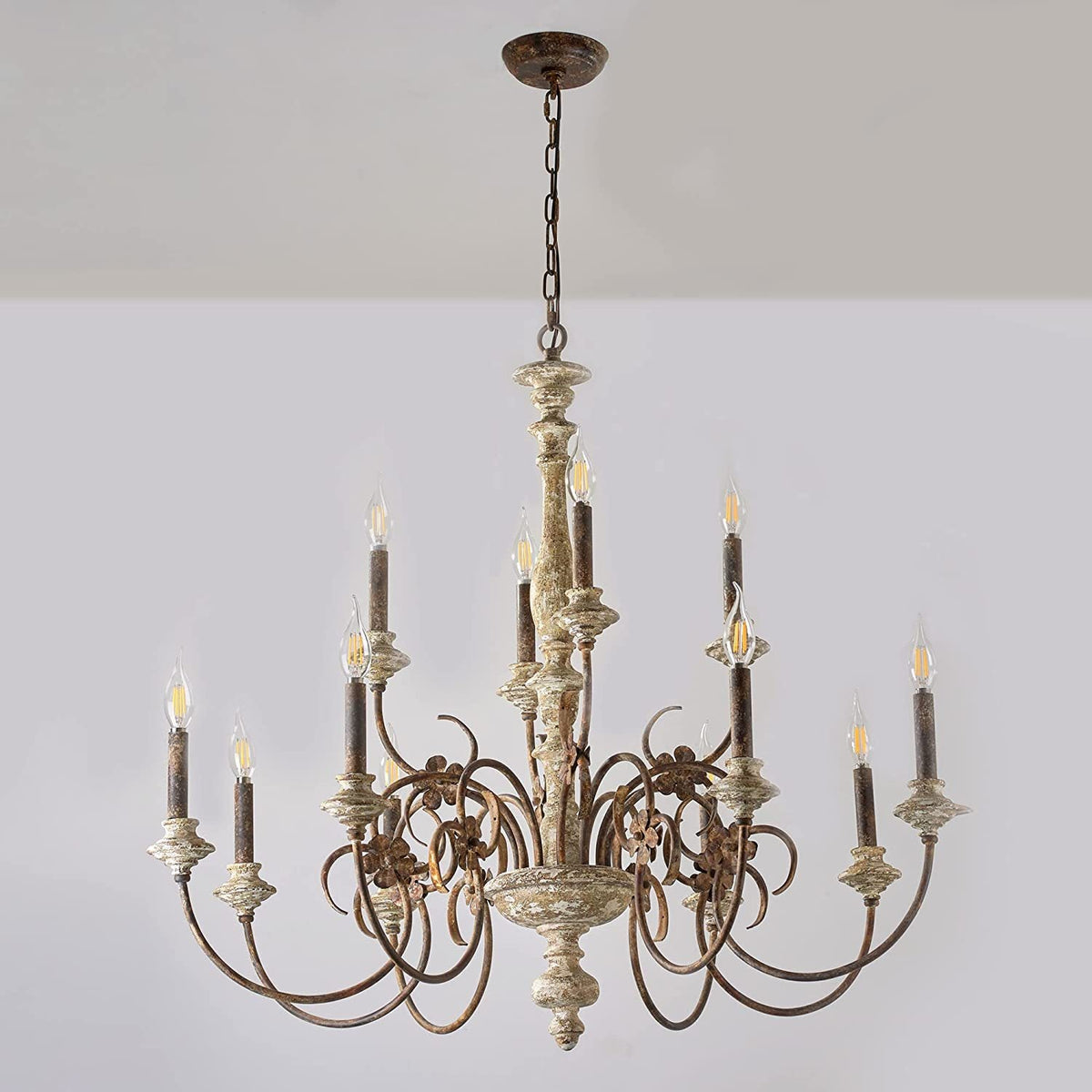 Alessandro Candle Chandelier – French Country Solid Wood & Mottled Metal Chandelier