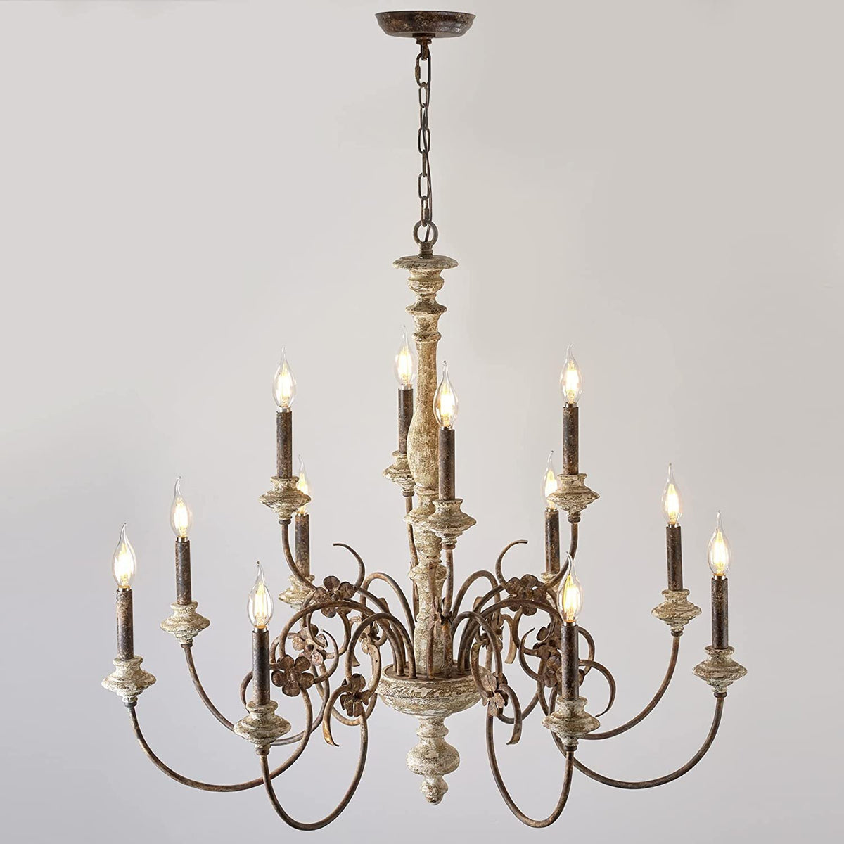 Alessandro Candle Chandelier – French Country Solid Wood & Mottled Metal Chandelier