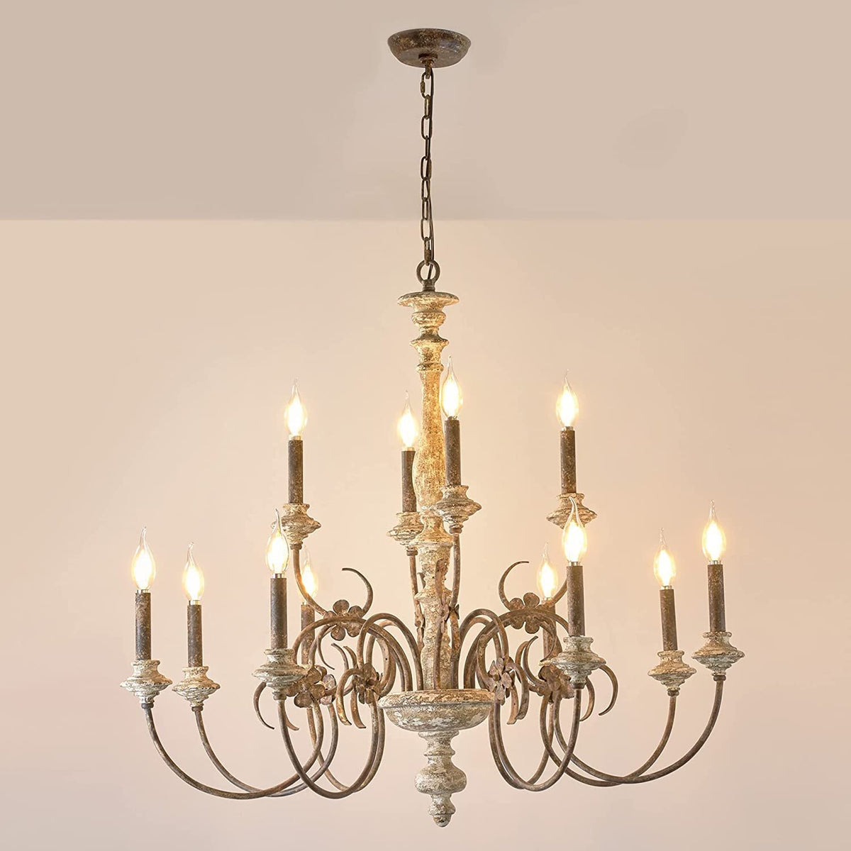 Alessandro Candle Chandelier – French Country Solid Wood & Mottled Metal Chandelier