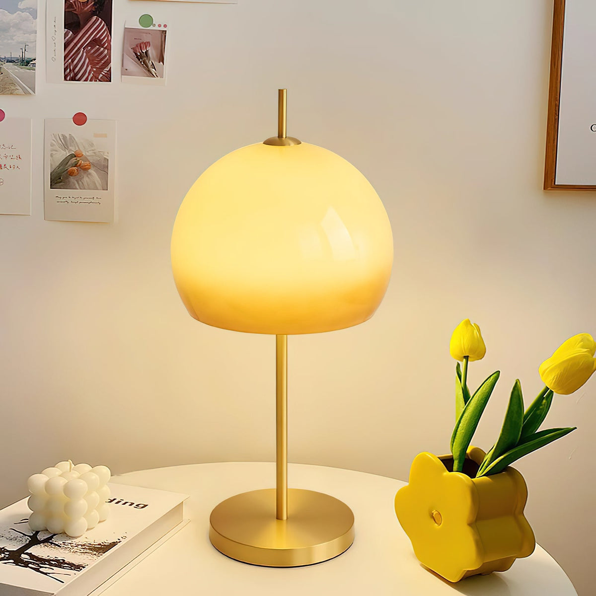Alexander Table Lamp – Vintage 90s Mushroom Glass & Brass Bedside Table Light