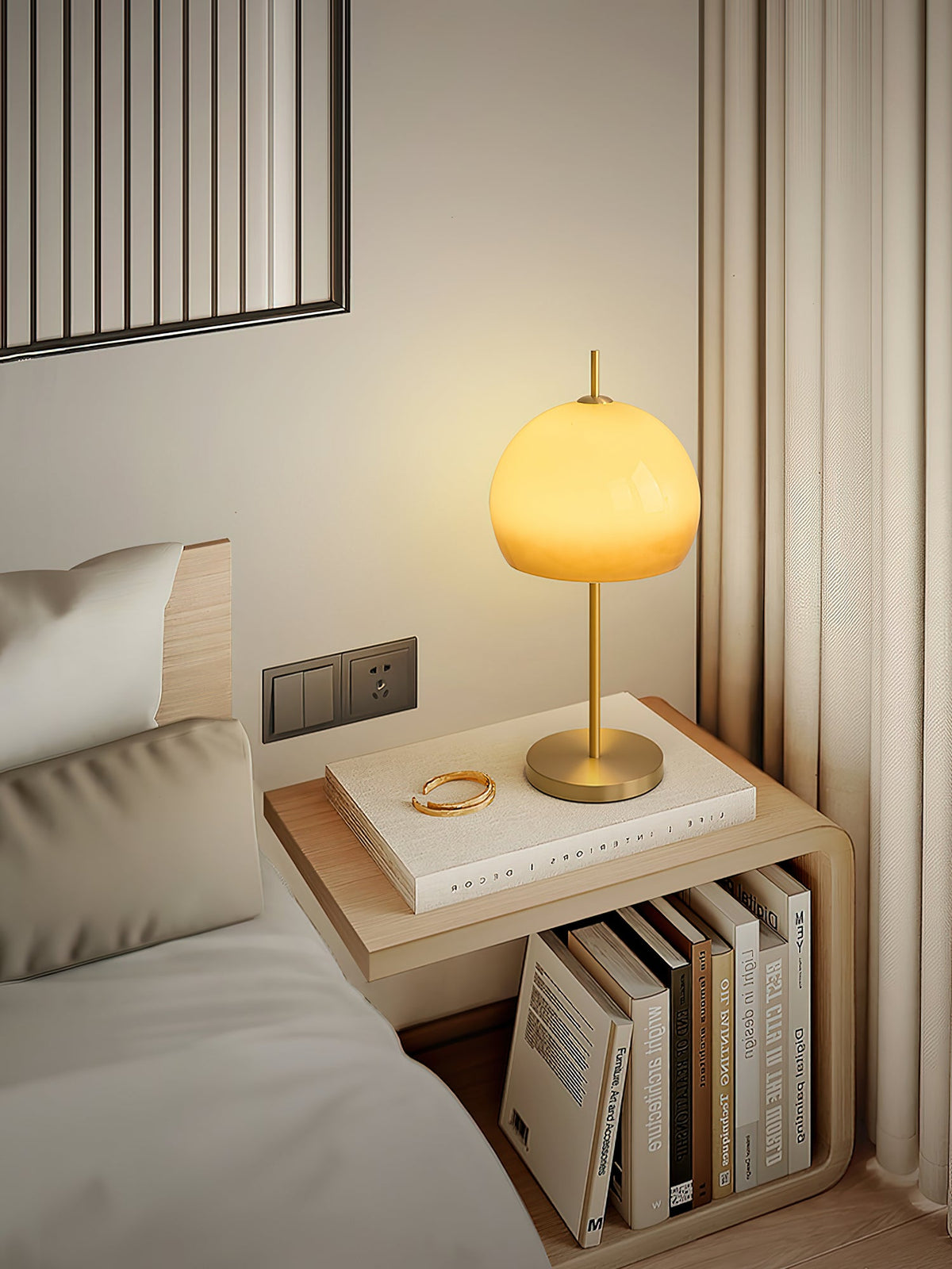 Alexander Table Lamp – Vintage 90s Mushroom Glass & Brass Bedside Table Light