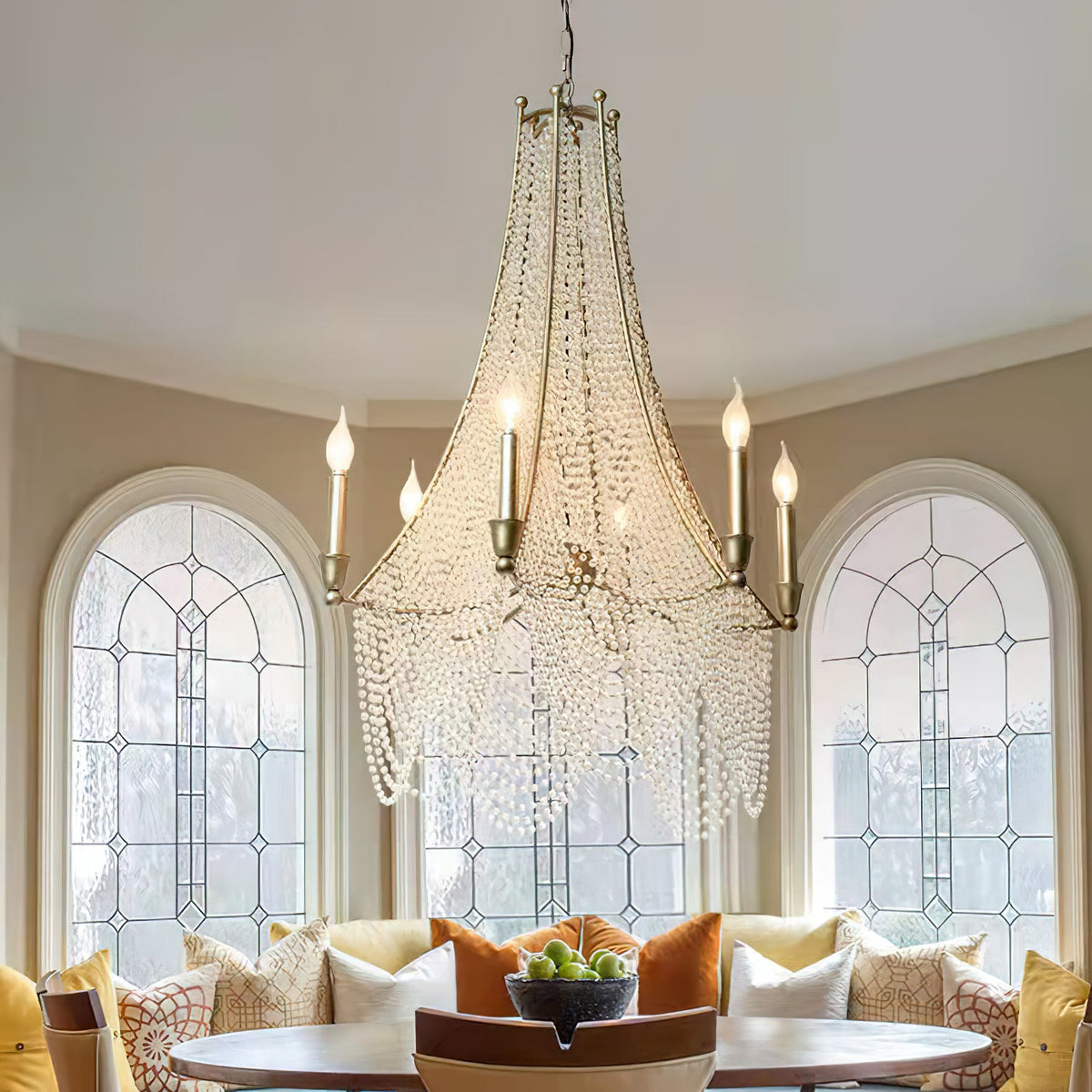 Allenglade Crystal Chandelier – Slender Antique Gold & Multi-Faceted Crystal Jewel Chandelier