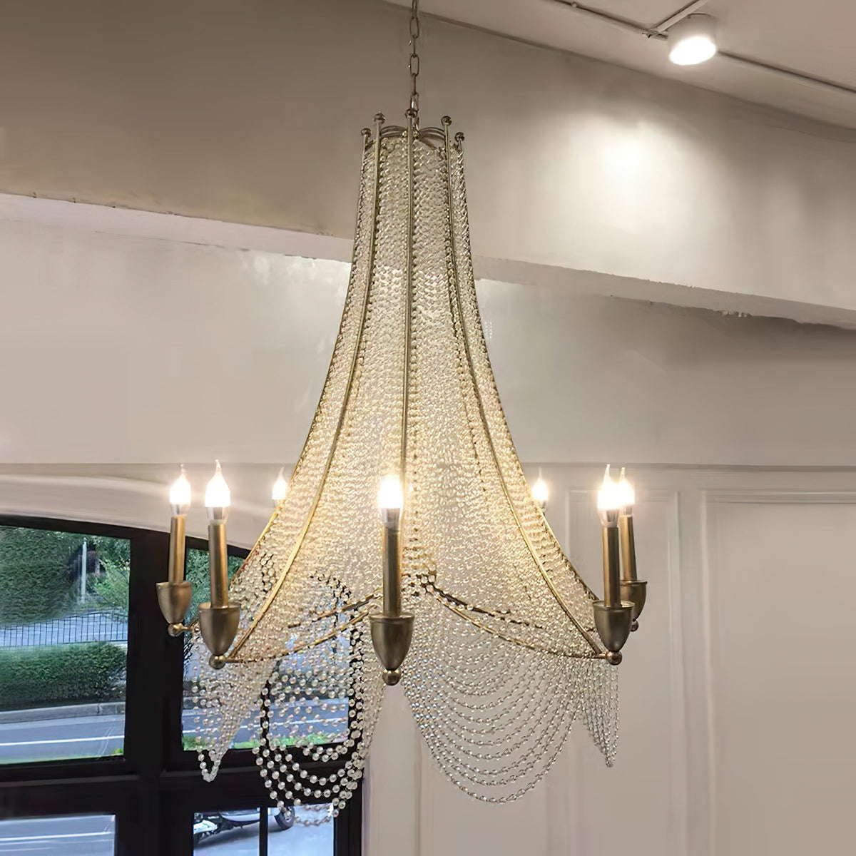 Allenglade Crystal Chandelier – Slender Antique Gold & Multi-Faceted Crystal Jewel Chandelier