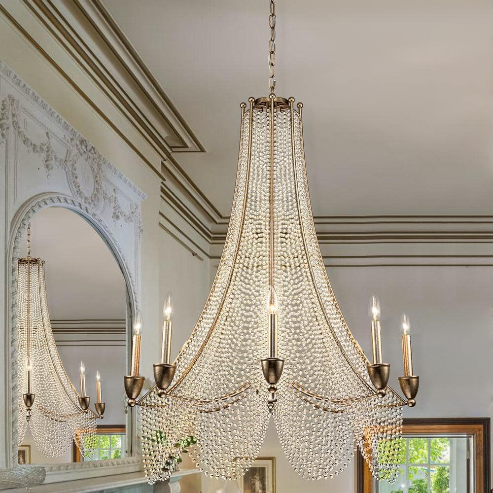 Allenglade Crystal Chandelier – Slender Antique Gold & Multi-Faceted Crystal Jewel Chandelier