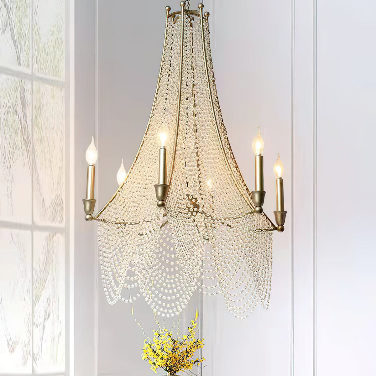Allenglade Crystal Chandelier – Slender Antique Gold & Multi-Faceted Crystal Jewel Chandelier