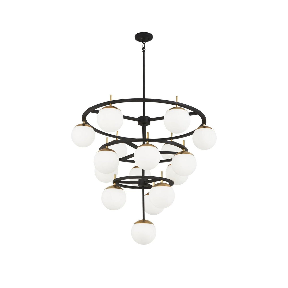 Alluria Chandelier – Stacked Circular Brass & Etched White Glass Mid-Century Modern Chandelier