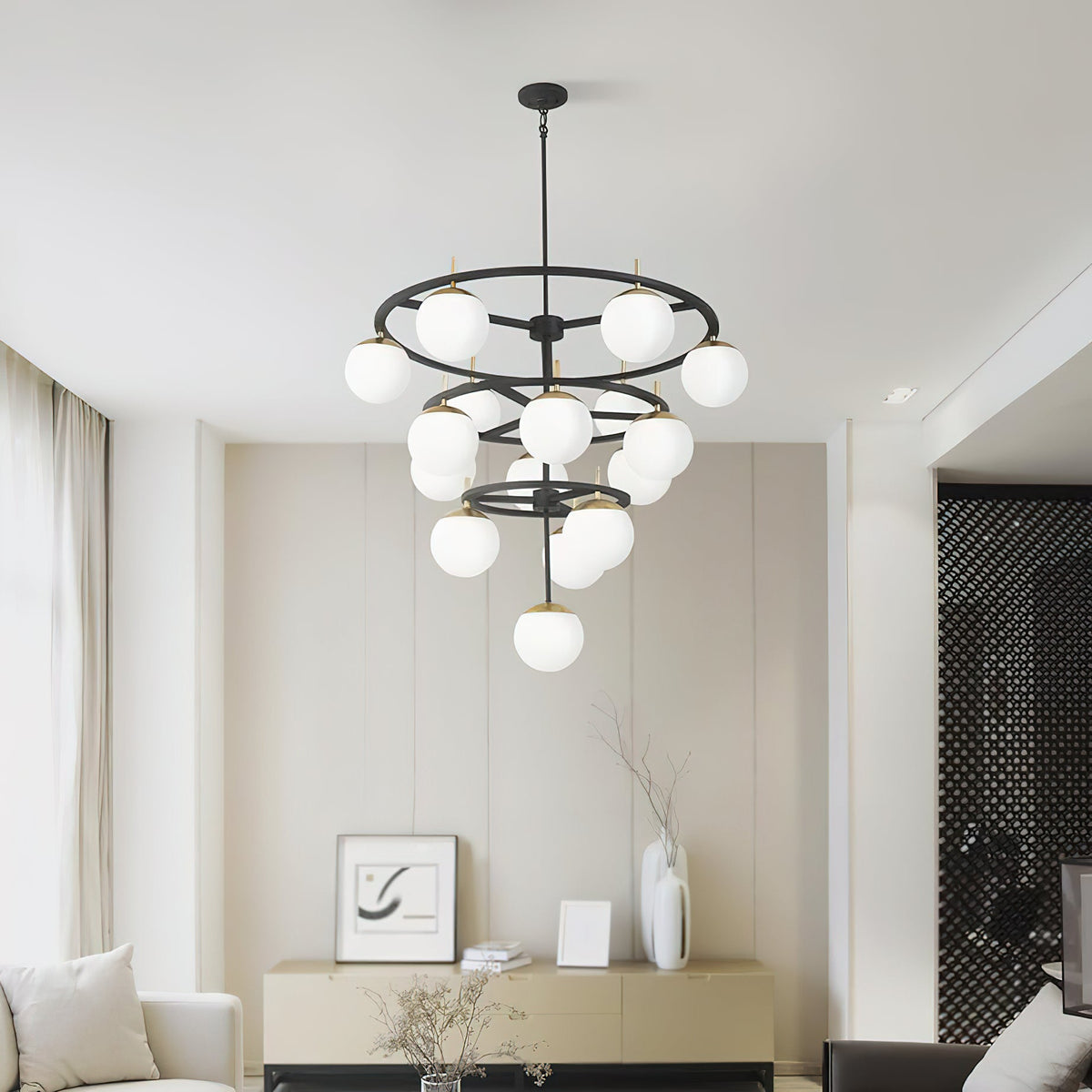 Alluria Chandelier – Stacked Circular Brass & Etched White Glass Mid-Century Modern Chandelier