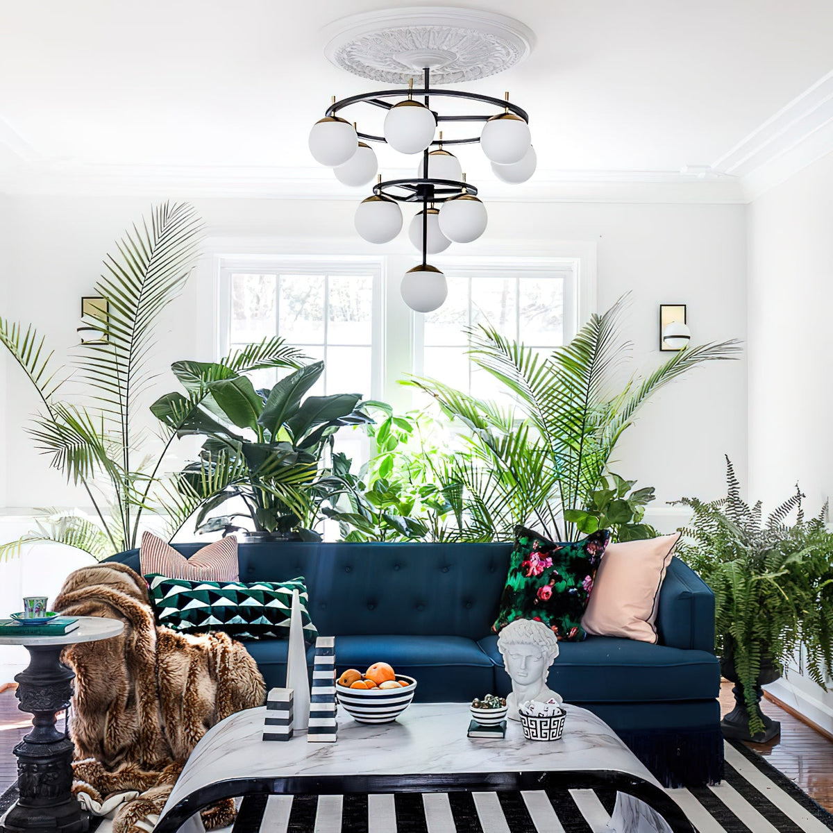 Alluria Chandelier – Stacked Circular Brass & Etched White Glass Mid-Century Modern Chandelier