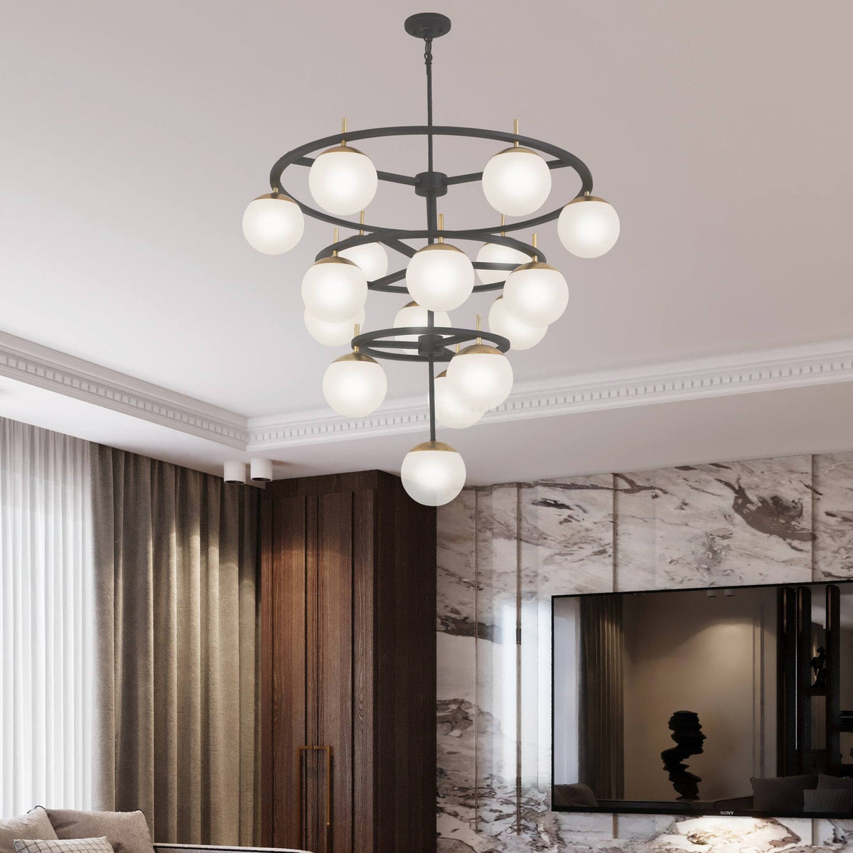 Alluria Chandelier – Stacked Circular Brass & Etched White Glass Mid-Century Modern Chandelier