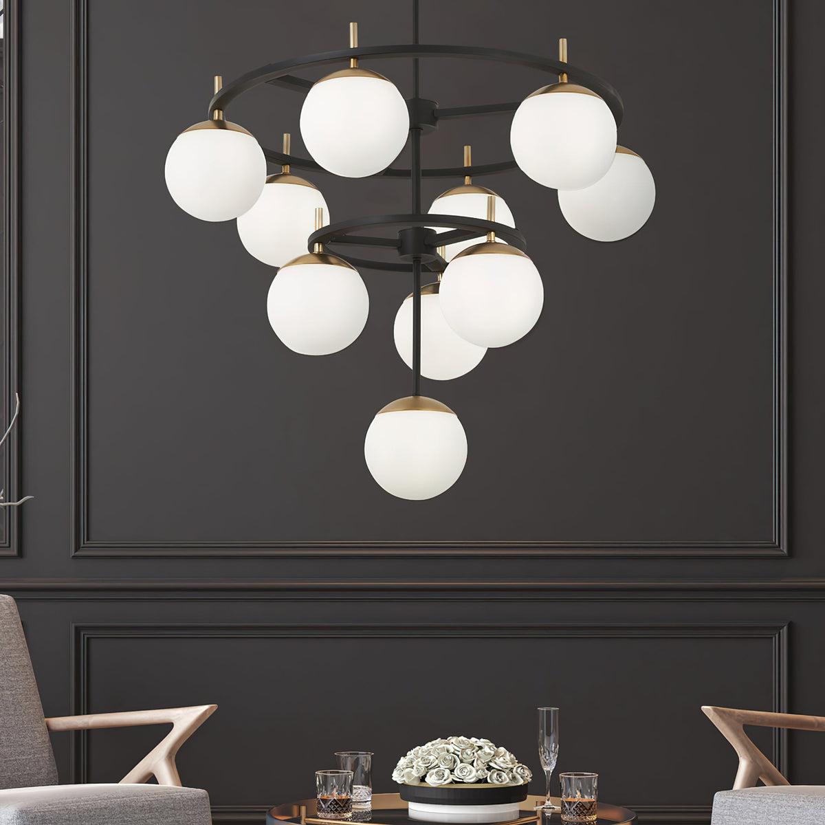 Alluria Chandelier – Stacked Circular Brass & Etched White Glass Mid-Century Modern Chandelier