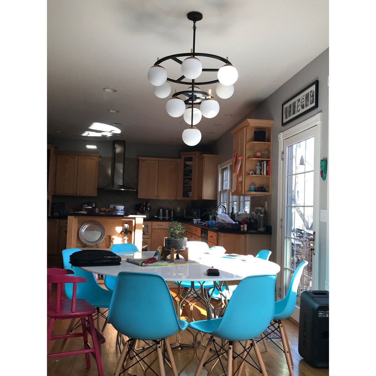 Alluria Chandelier – Stacked Circular Brass & Etched White Glass Mid-Century Modern Chandelier