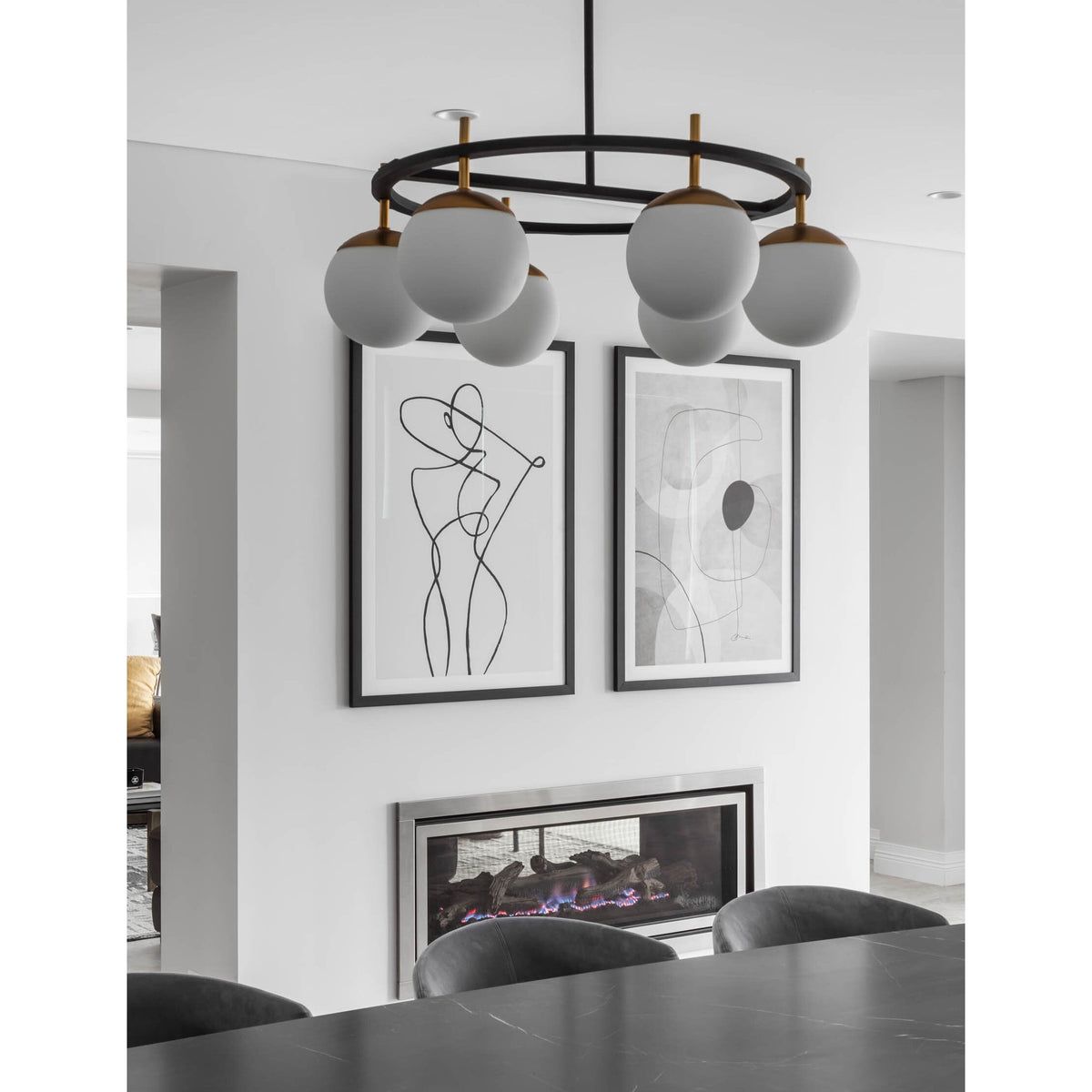 Alluria Chandelier – Stacked Circular Brass & Etched White Glass Mid-Century Modern Chandelier
