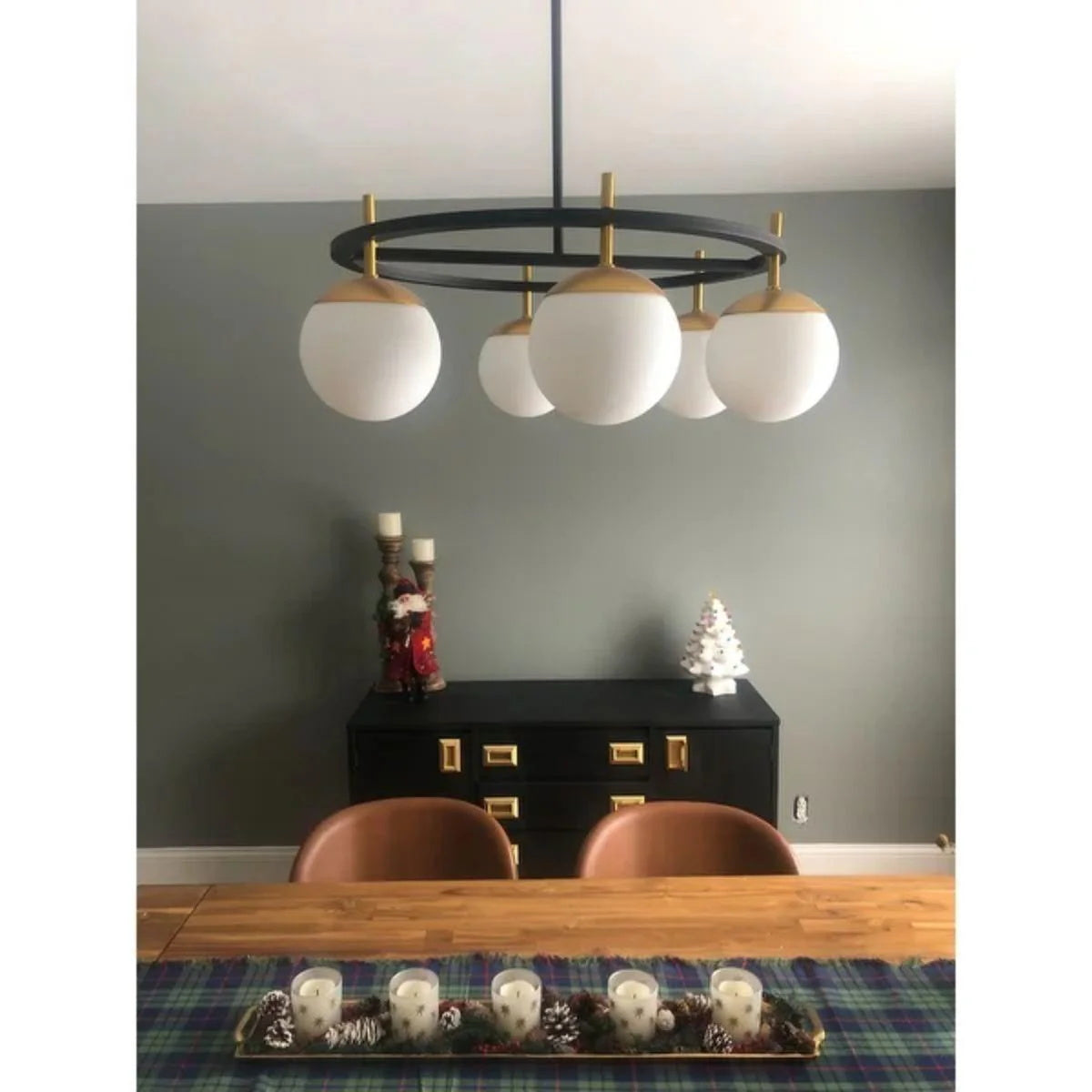 Alluria Chandelier – Stacked Circular Brass & Etched White Glass Mid-Century Modern Chandelier
