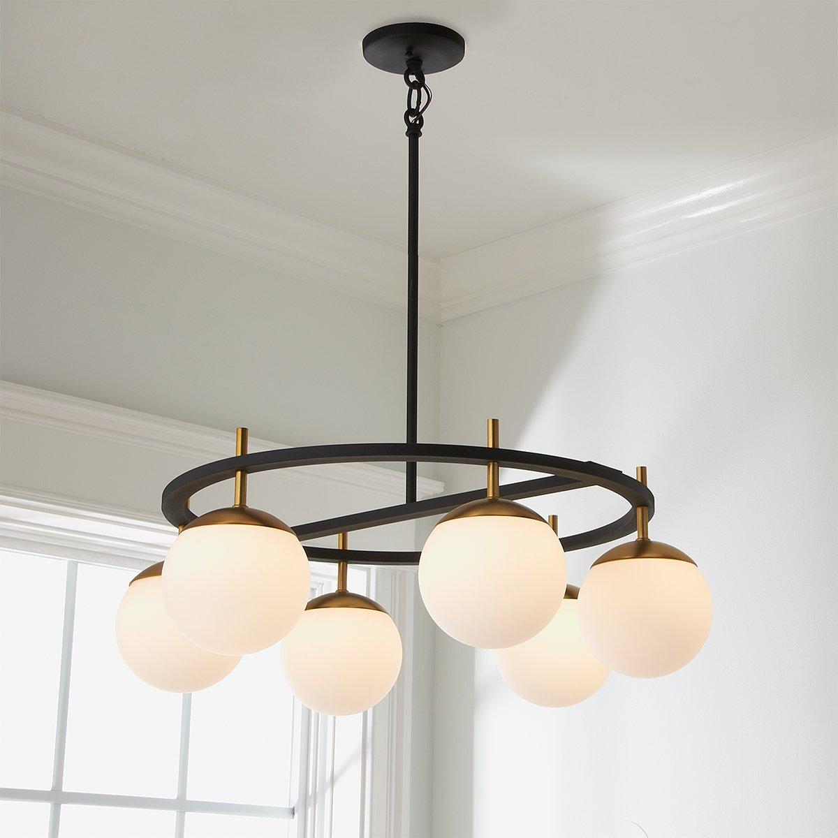 Alluria Chandelier – Stacked Circular Brass & Etched White Glass Mid-Century Modern Chandelier