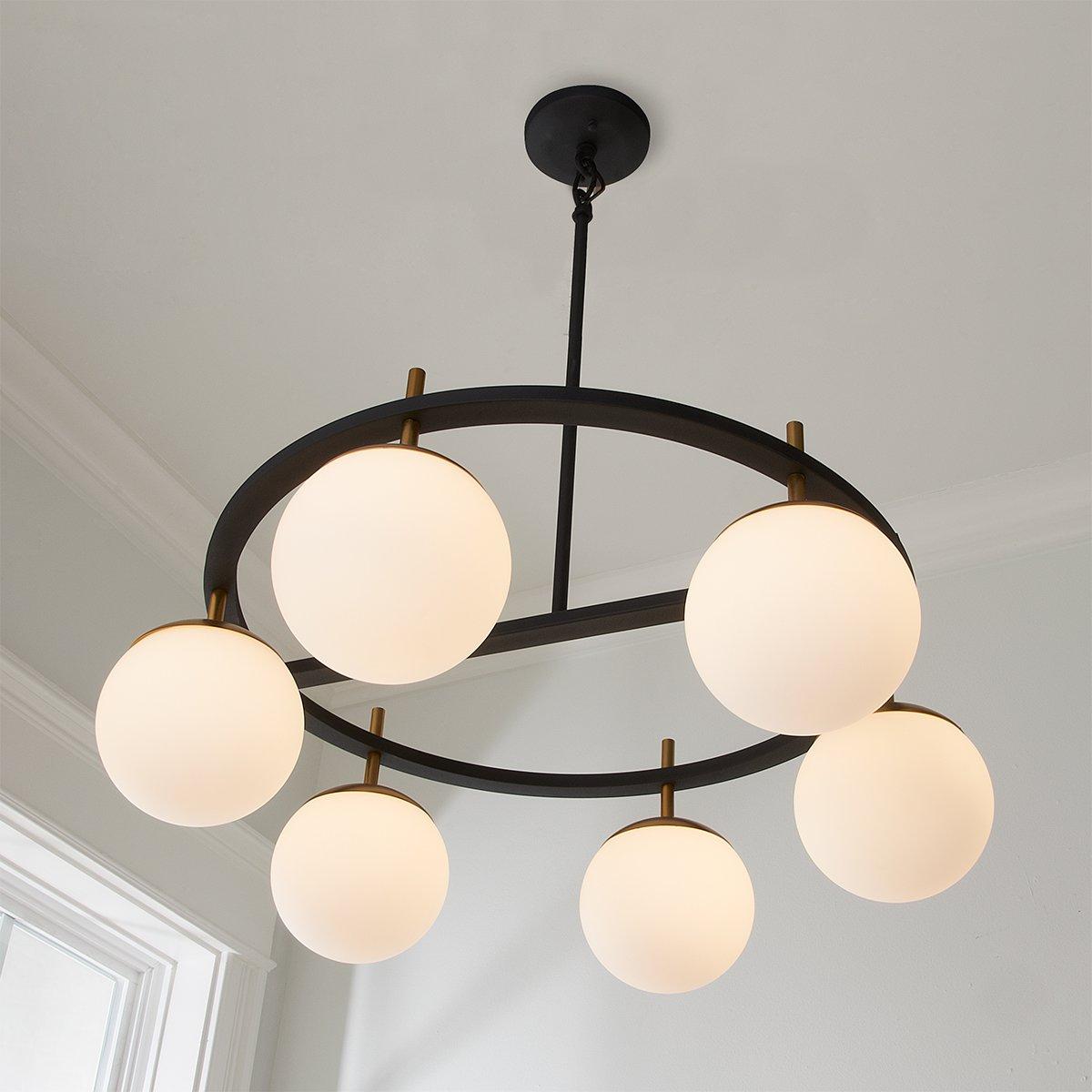 Alluria Chandelier – Stacked Circular Brass & Etched White Glass Mid-Century Modern Chandelier