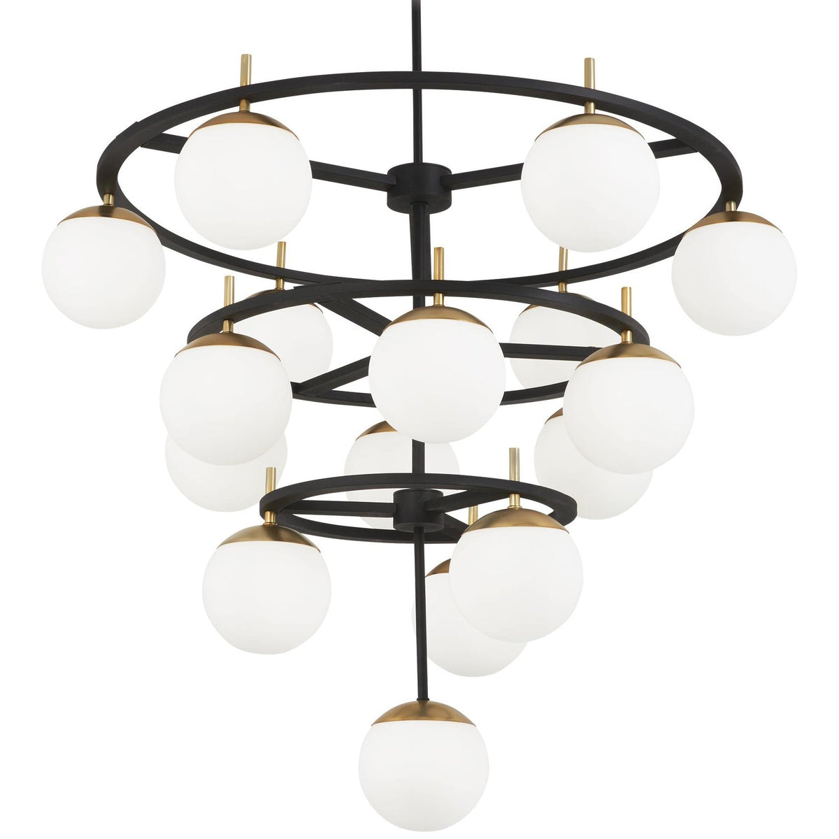 Alluria Chandelier – Stacked Circular Brass & Etched White Glass Mid-Century Modern Chandelier