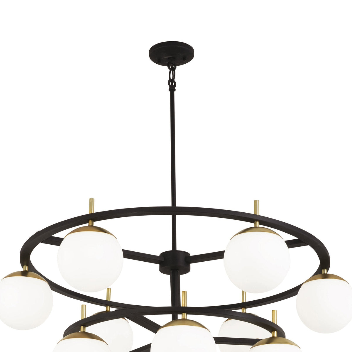 Alluria Chandelier – Stacked Circular Brass & Etched White Glass Mid-Century Modern Chandelier