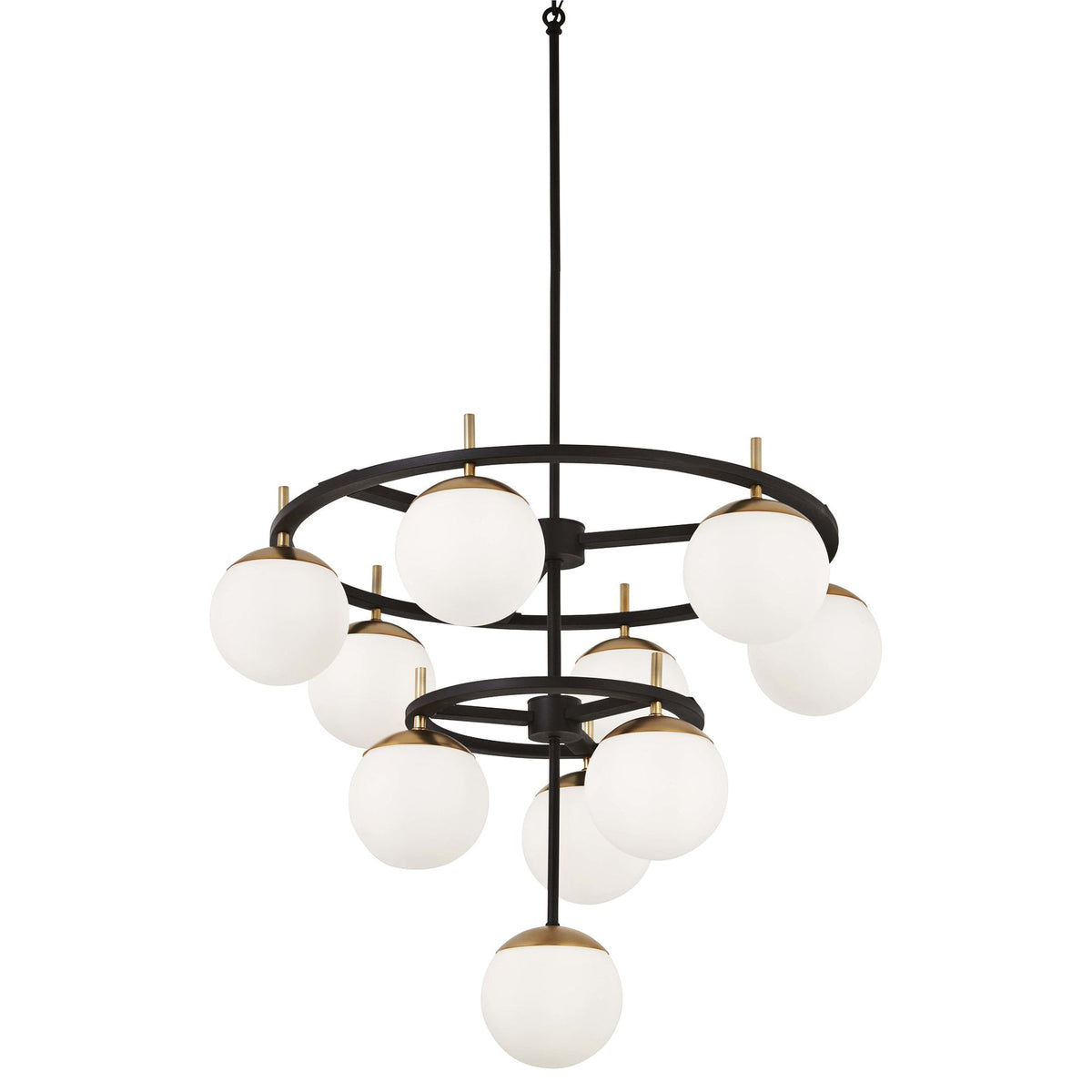 Alluria Chandelier – Stacked Circular Brass & Etched White Glass Mid-Century Modern Chandelier