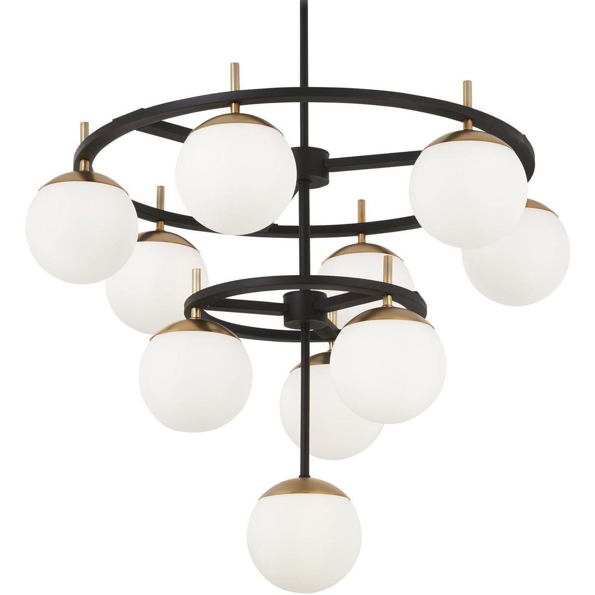 Alluria Chandelier – Stacked Circular Brass & Etched White Glass Mid-Century Modern Chandelier