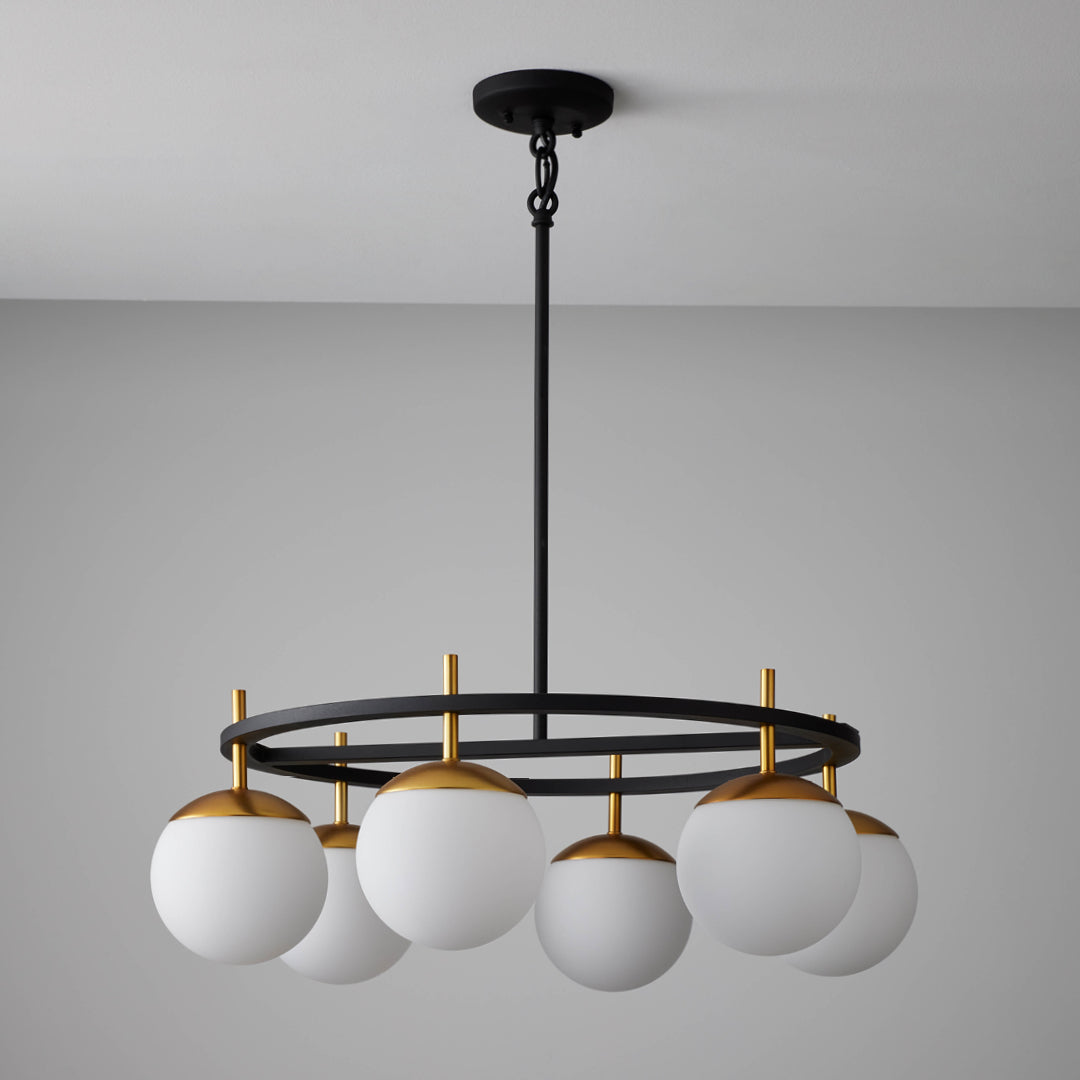Alluria Chandelier – Stacked Circular Brass & Etched White Glass Mid-Century Modern Chandelier